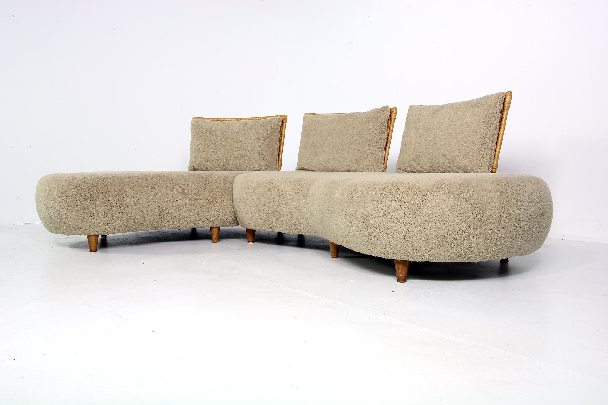 Modern Modular Curved Sofa, Germany 1970s with Teddy Bear Fur, Cane and Beechwood Legs