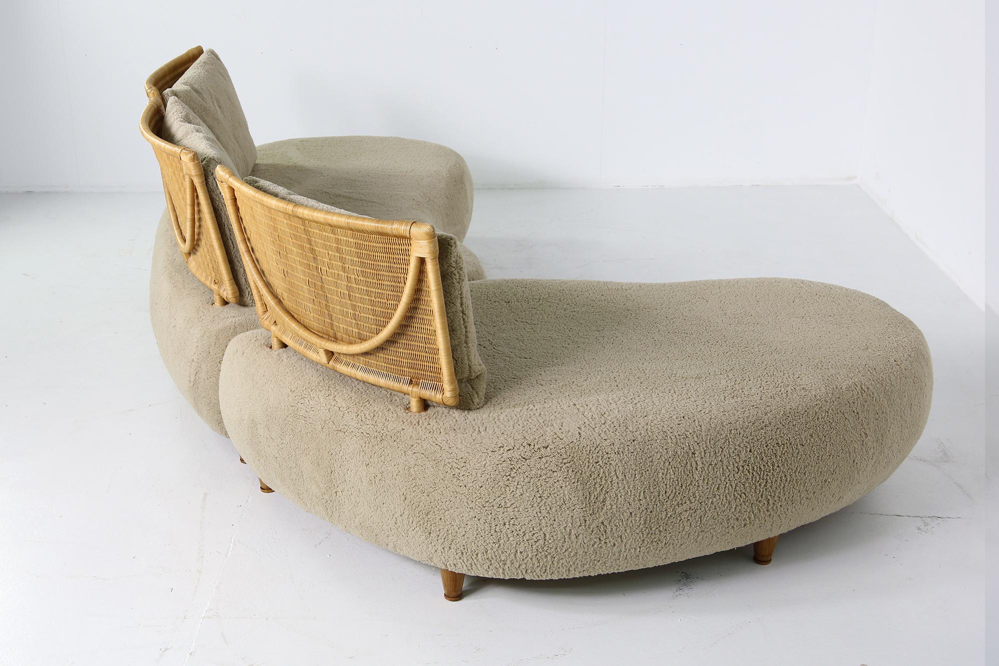 Modular Curved Sofa, Germany 1970s with Teddy Bear Fur, Cane and Beechwood Legs In Good Condition In Hamminkeln, DE