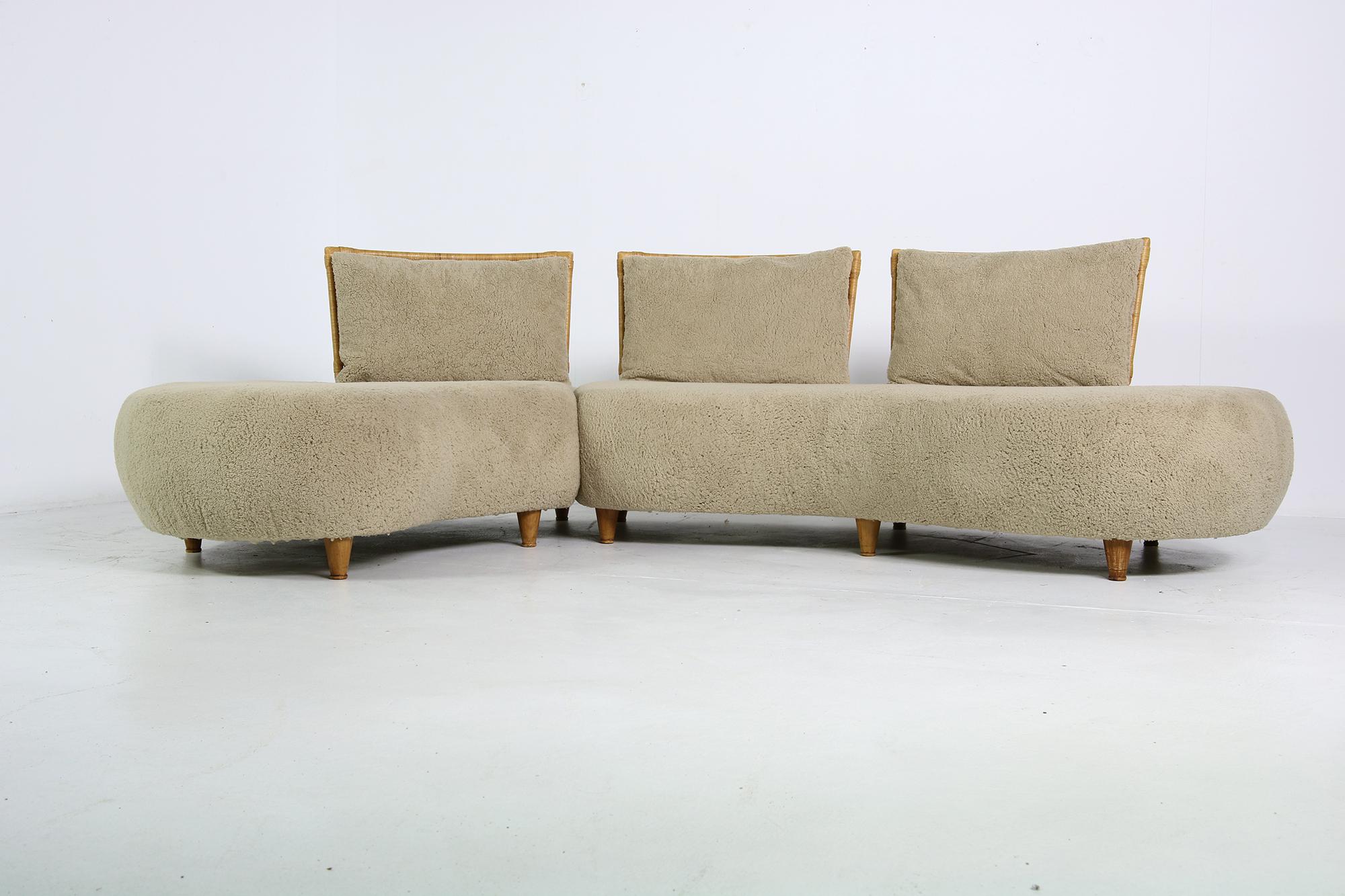 Modular Curved Sofa, Germany 1970s with Teddy Bear Fur, Cane and Beechwood Legs 4