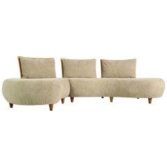 Modular Curved Sofa, Germany 1970s with Teddy Bear Fur, Cane and Beechwood Legs