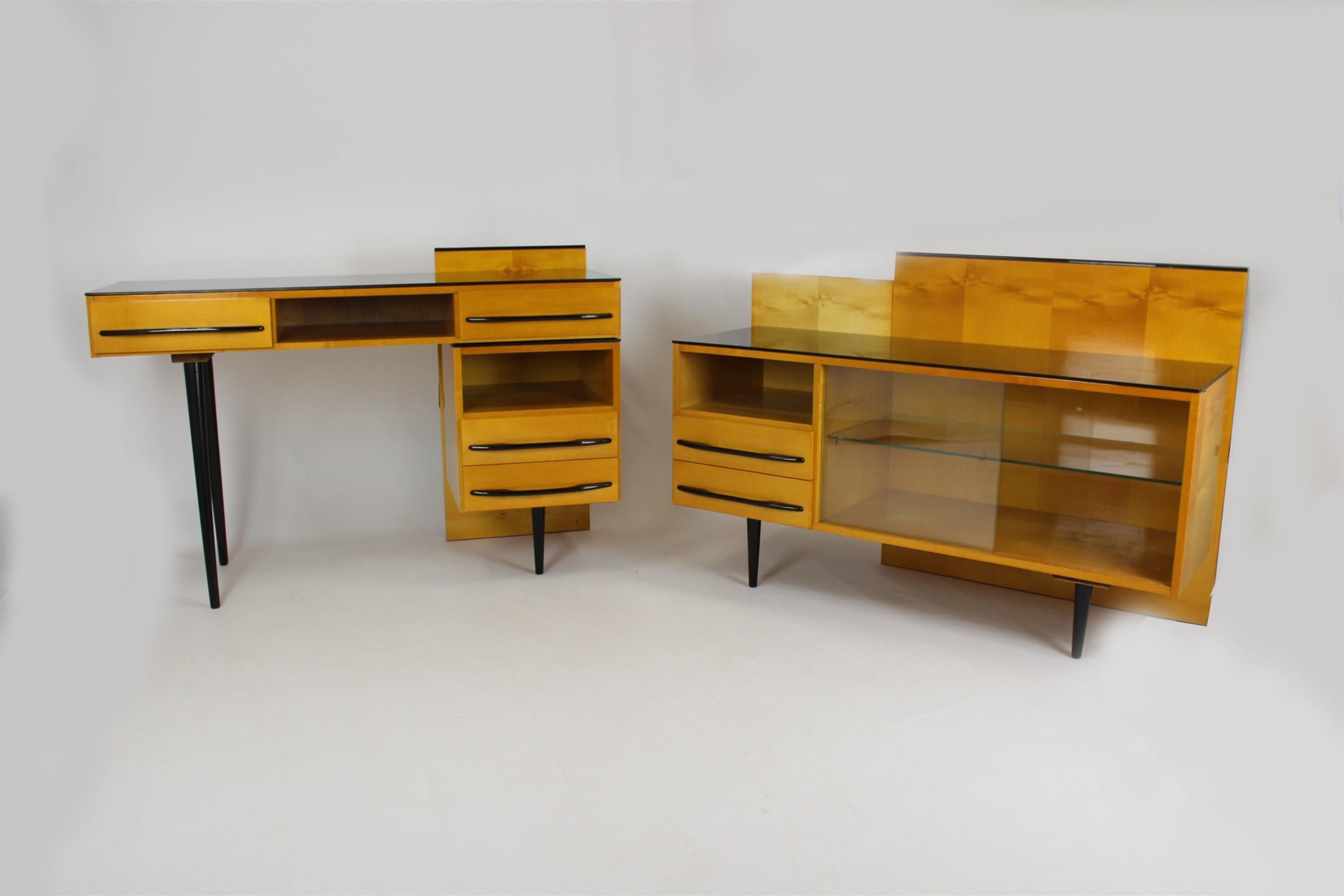 Mid-Century Modern Modular Desk Set with Black Glass Top by Mojmir Pozar, 1960s, Set of 3 For Sale