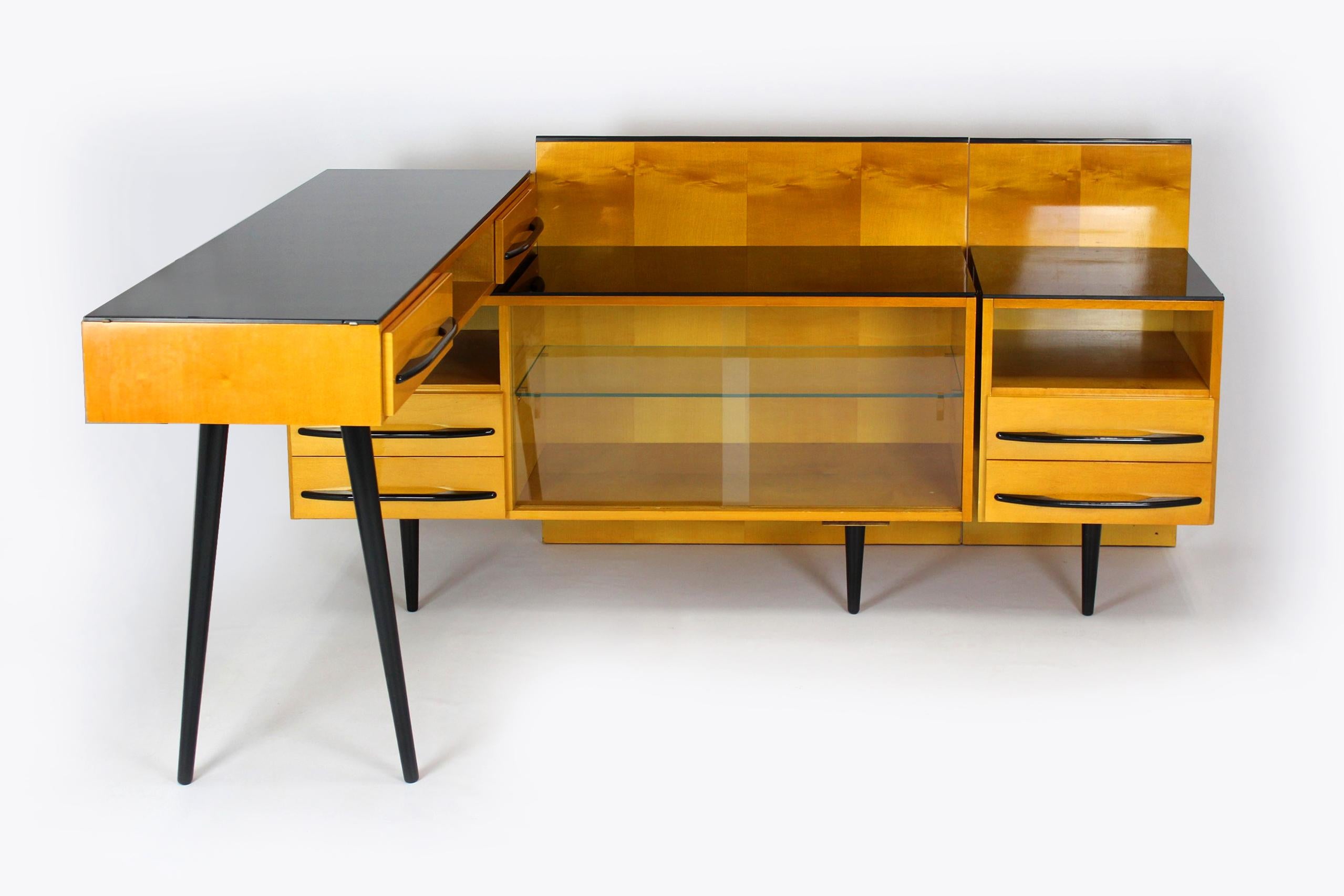 Modular Desk Set with Black Glass Top by Mojmir Pozar, 1960s, Set of 3 For Sale 1