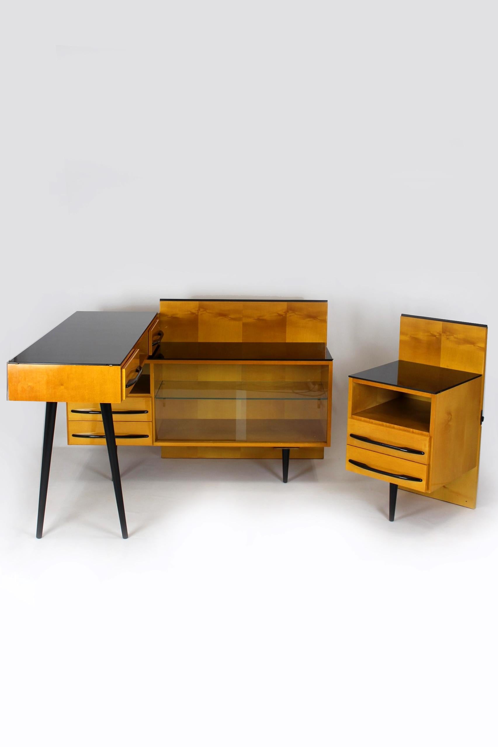 Modular Desk Set with Black Glass Top by Mojmir Pozar, 1960s, Set of 3 For Sale 2