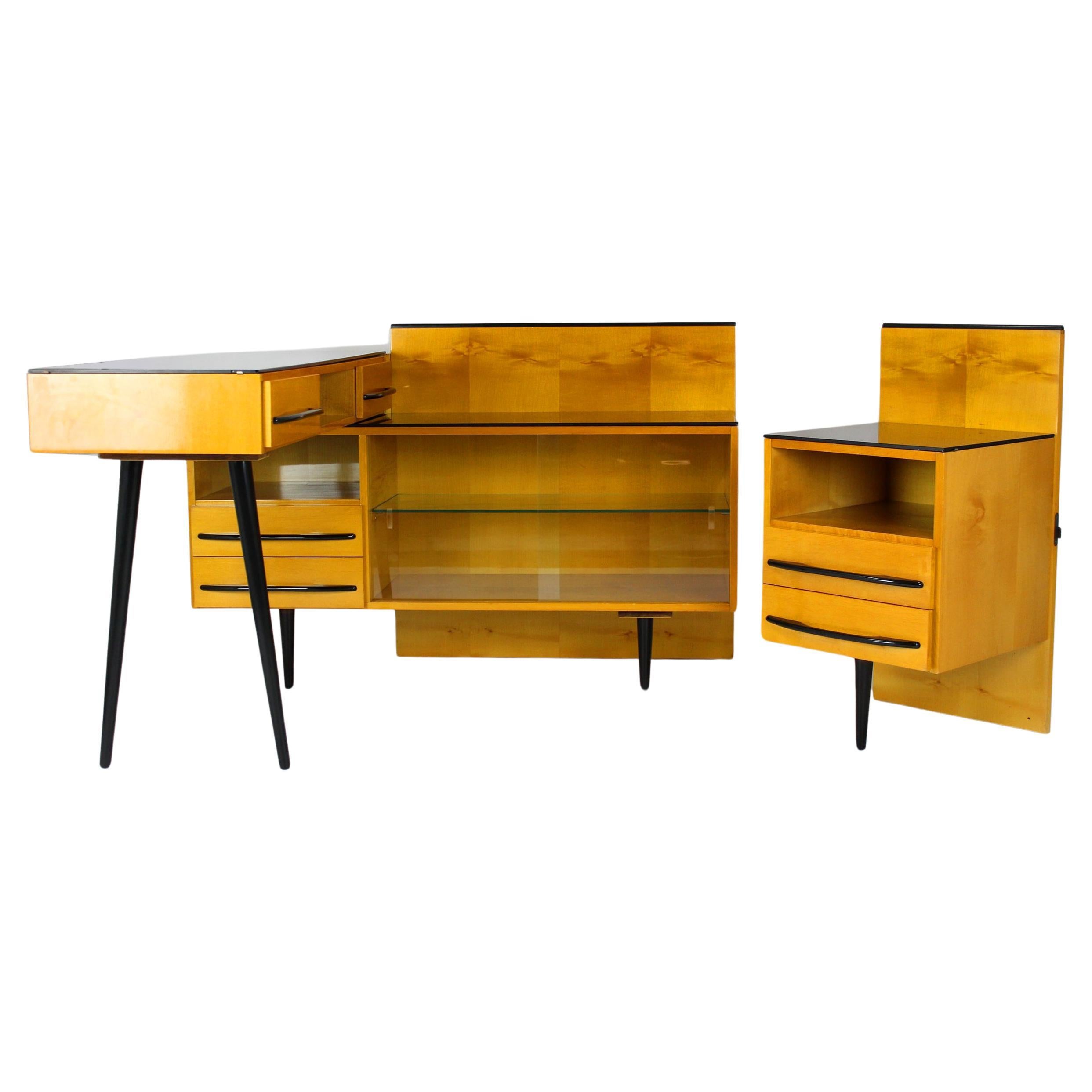 Modular Desk Set with Black Glass Top by Mojmir Pozar, 1960s, Set of 3 For Sale