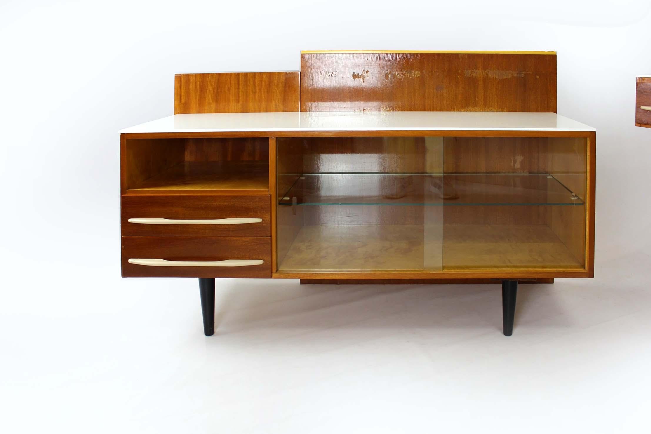 Modular Desk Set with White Glass Top by Mojmir Pozar, 1960s, Set of 3 For Sale 8