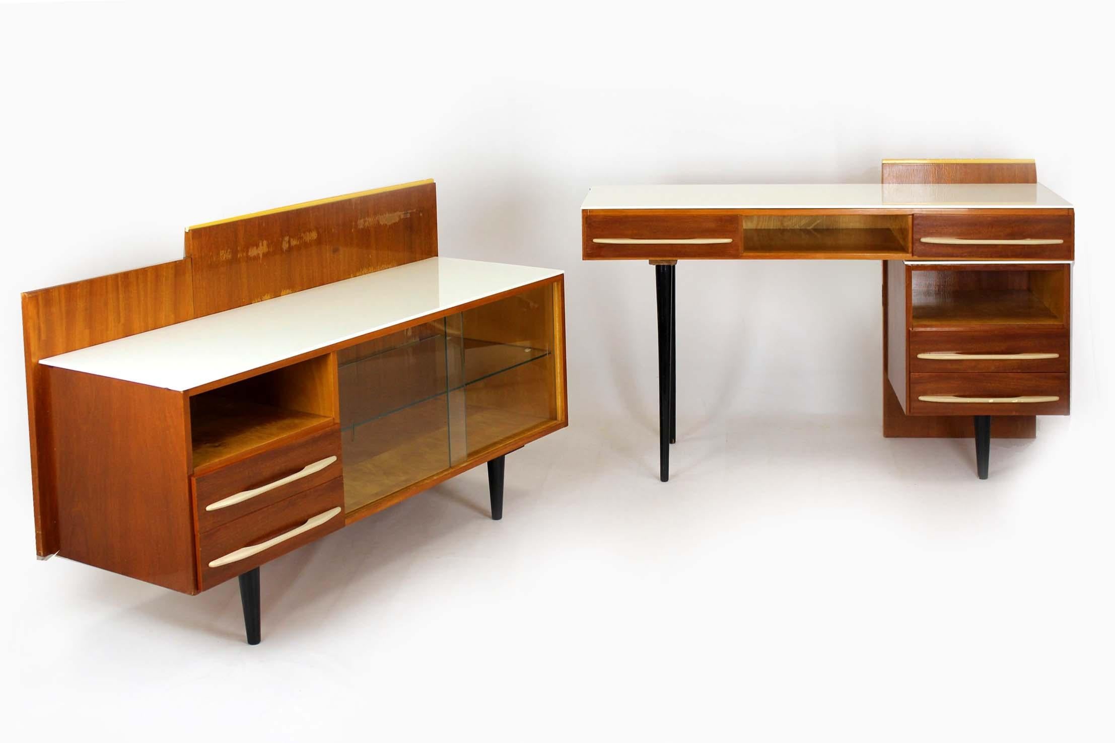 Mid-Century Modern Modular Desk Set with White Glass Top by Mojmir Pozar, 1960s, Set of 3 For Sale