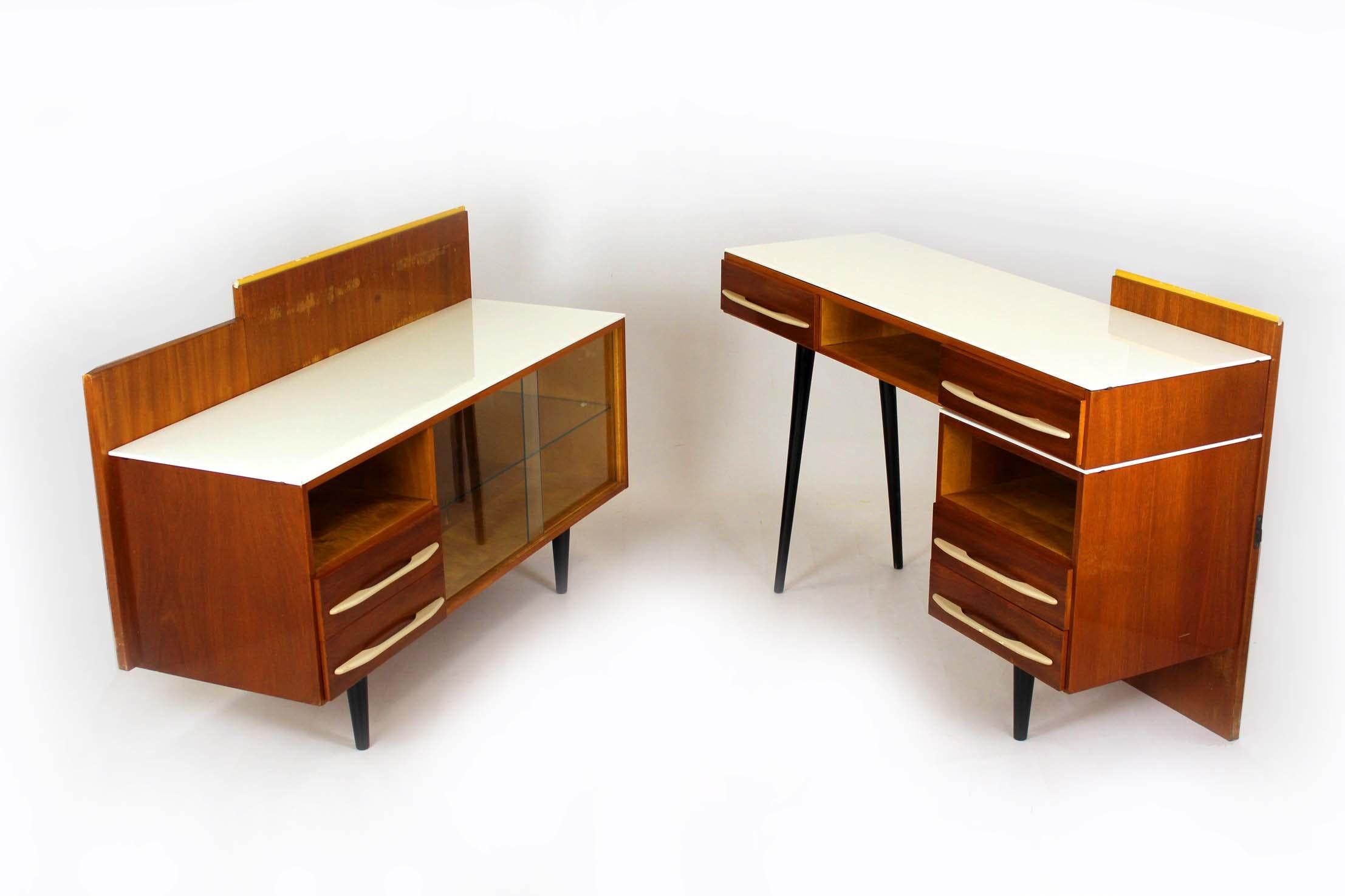 Modular Desk Set with White Glass Top by Mojmir Pozar, 1960s, Set of 3 For Sale 2
