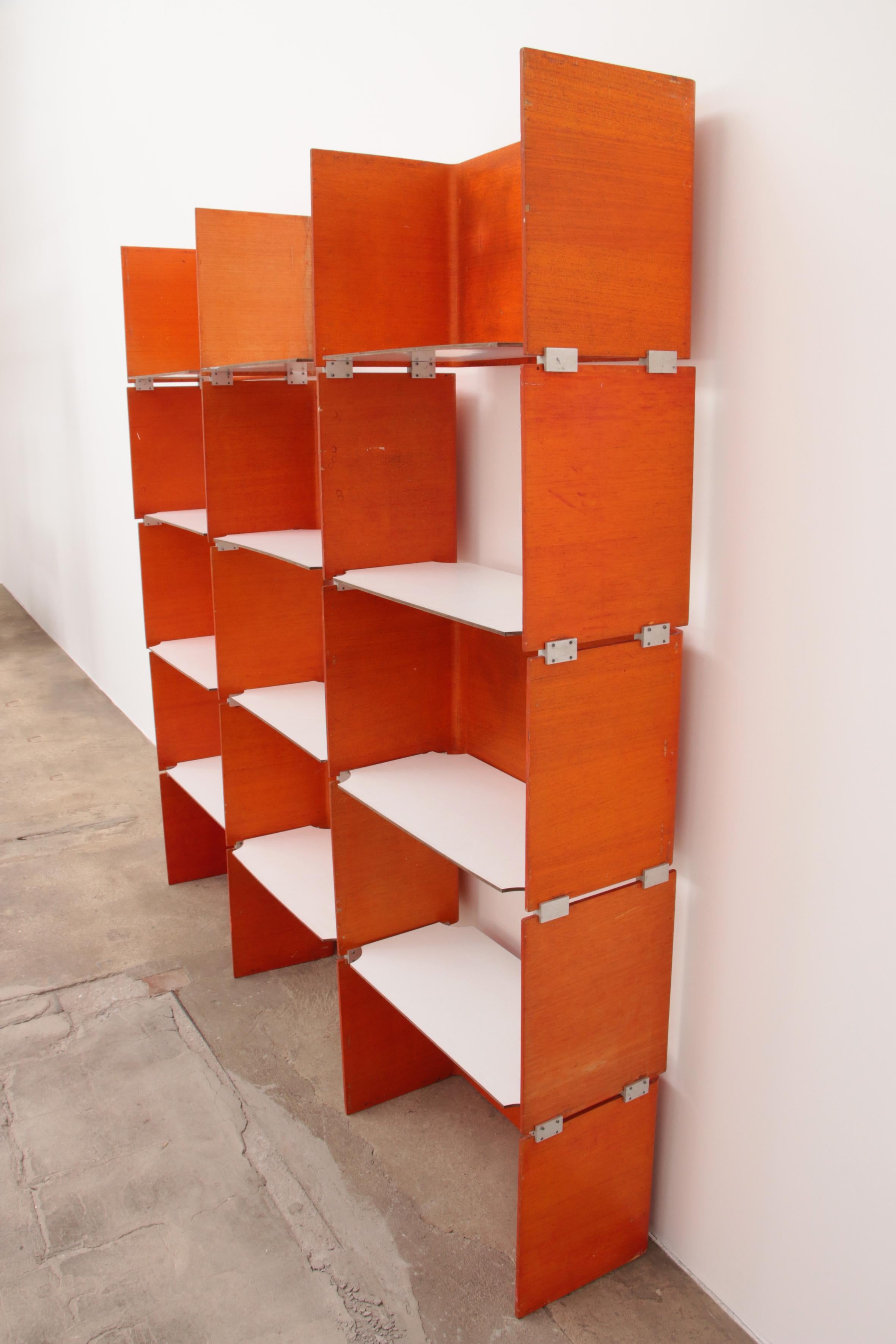 Wood Modular French Wall Furniture Orange Made in the 60s For Sale