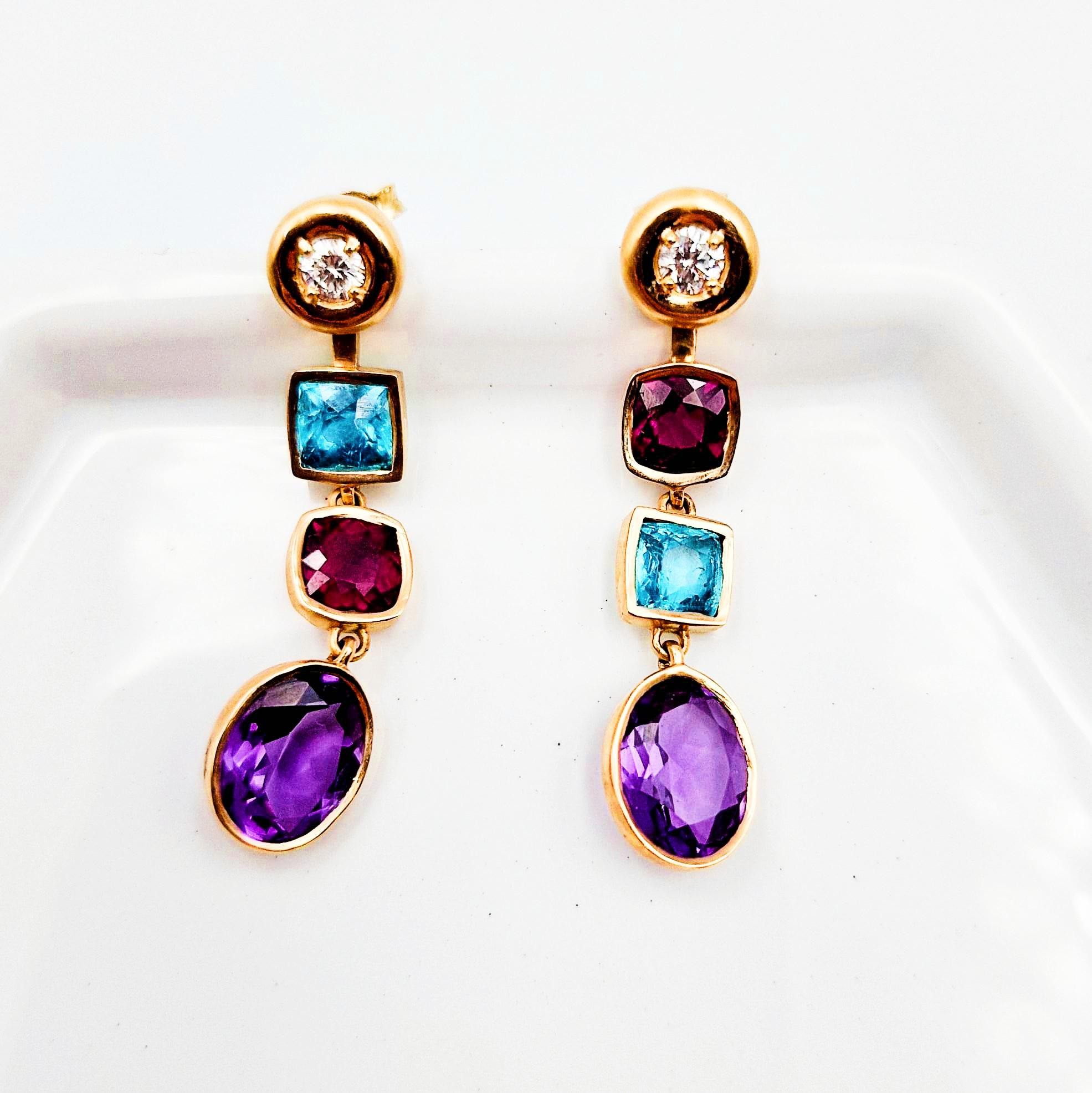 Contemporary Modular Gold Diamond Studs with Apatite, Amethyst and Garnets For Sale