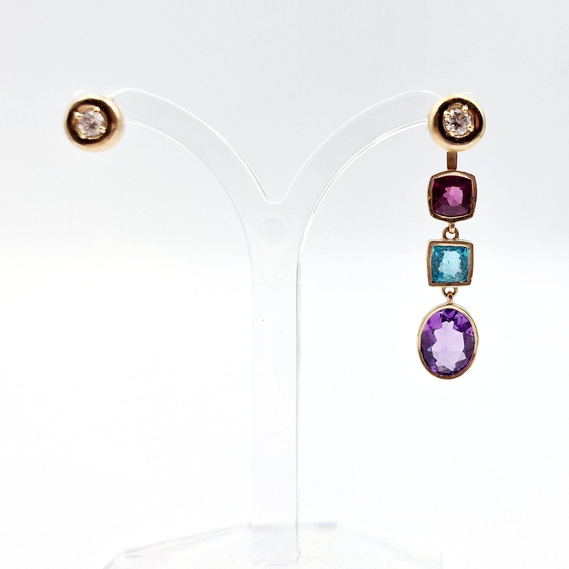 Antique Cushion Cut Modular Gold Diamond Studs with Apatite, Amethyst and Garnets For Sale