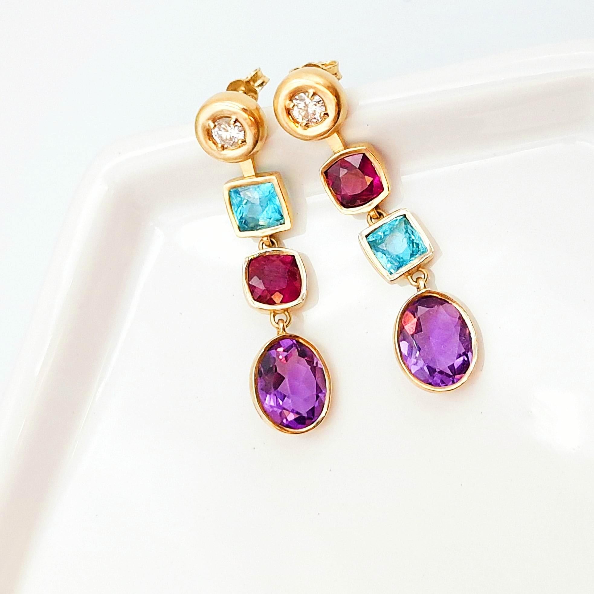Modular Gold Diamond Studs with Apatite, Amethyst and Garnets In New Condition For Sale In București, B