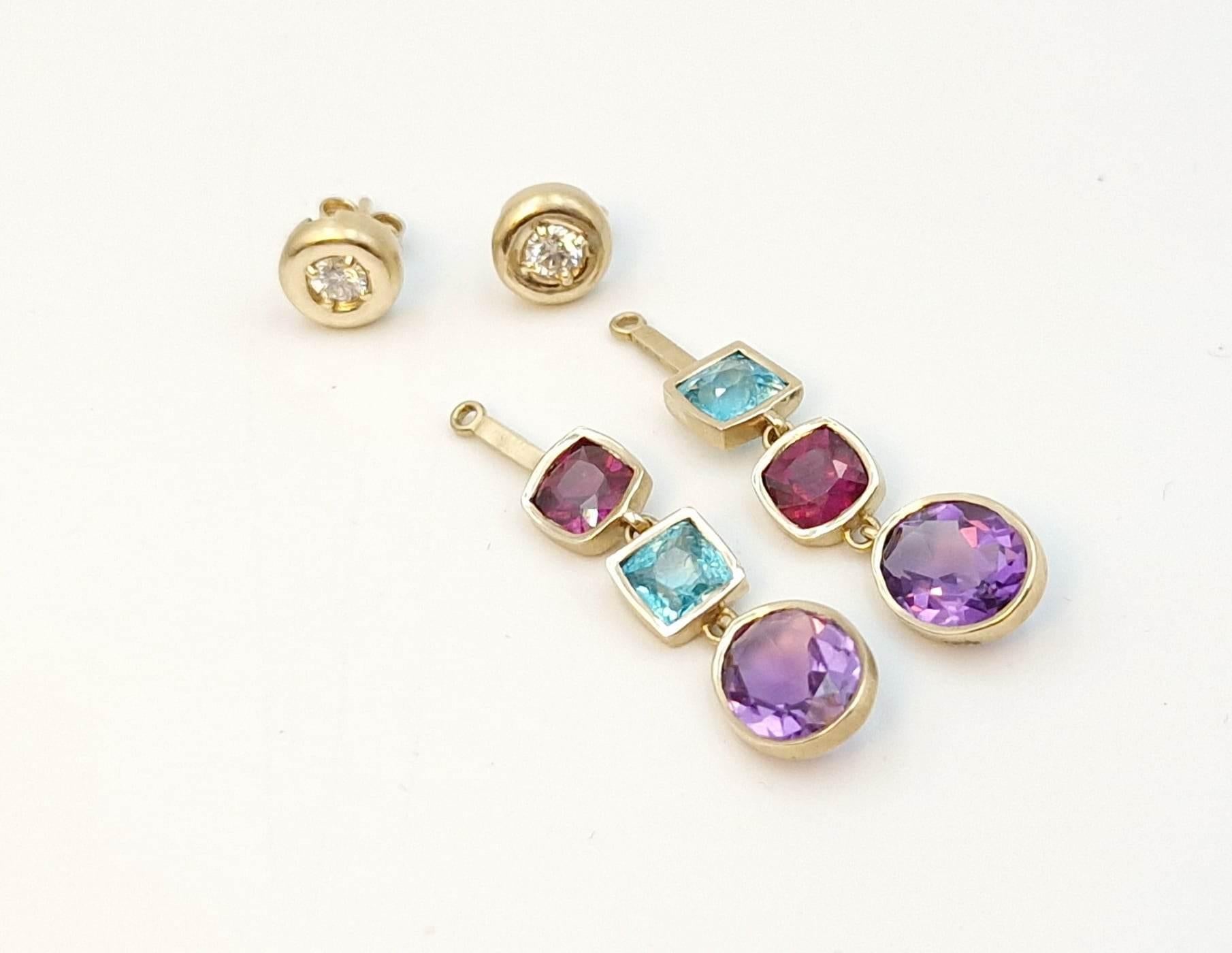Modular Gold Diamond Studs with Apatite, Amethyst and Garnets For Sale 1