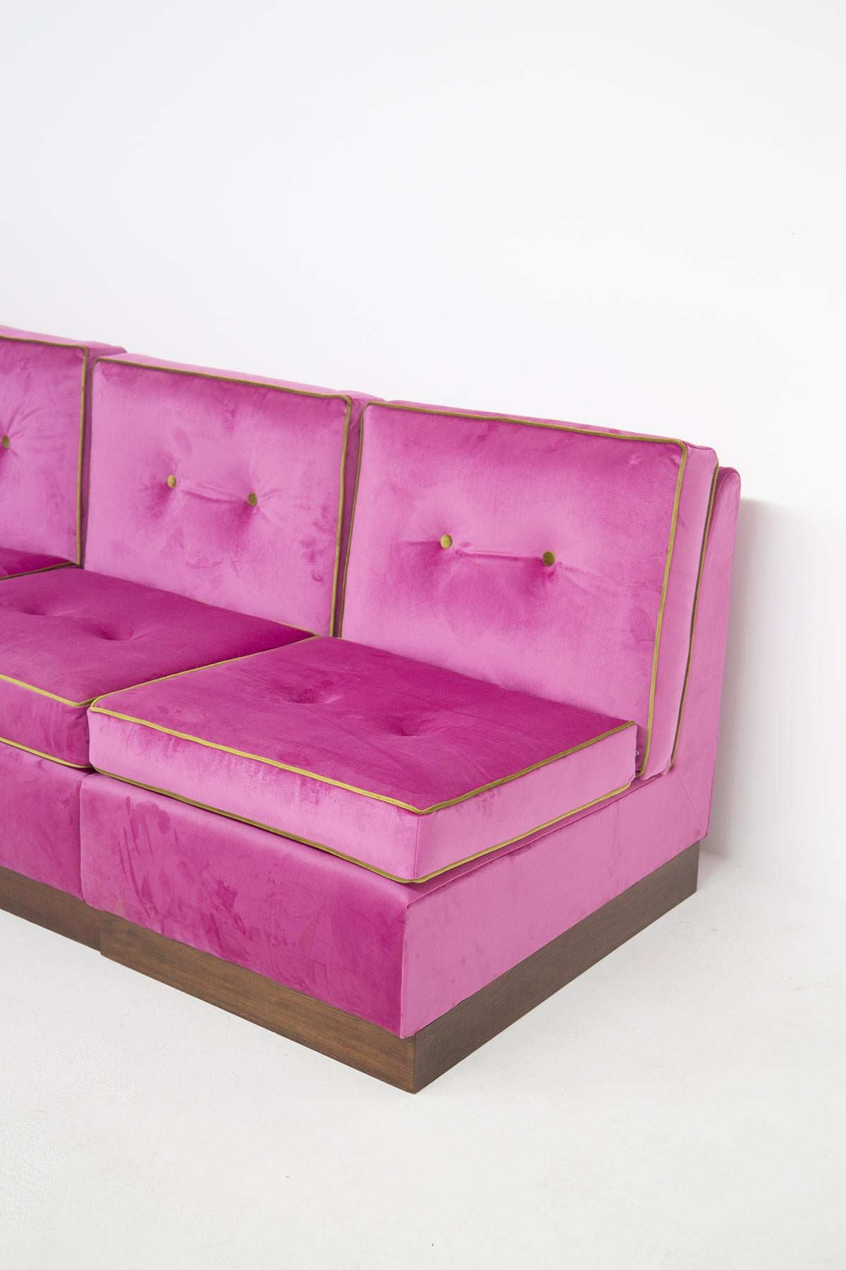 Mid-Century Modern Modular Italian Sofà in Pink and Green Velvet, Restored