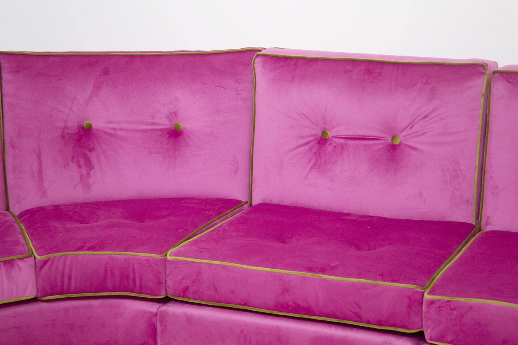 Mid-20th Century Modular Italian Sofà in Pink and Green Velvet, Restored