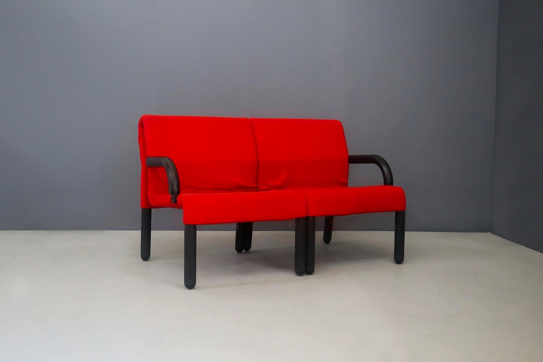 Late 20th Century Modular Italian Sofa in Red Fabric and Polyurethane with Waves, 1980s