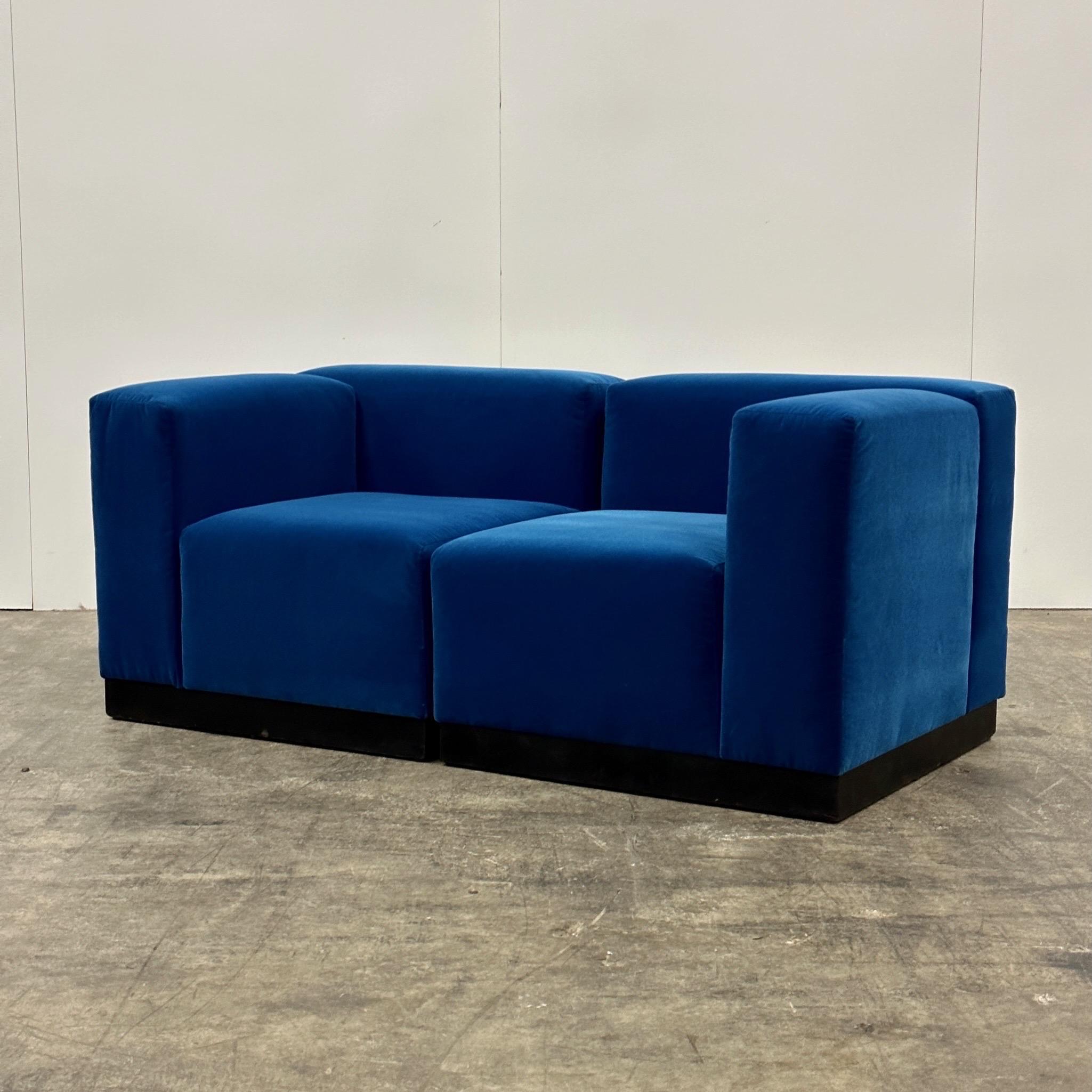 c. 1980s. Price is for the set. Contact us if you’d like to purchase a single item. Made in Chicago by Marden. Reupholstered in premium navy mohair.