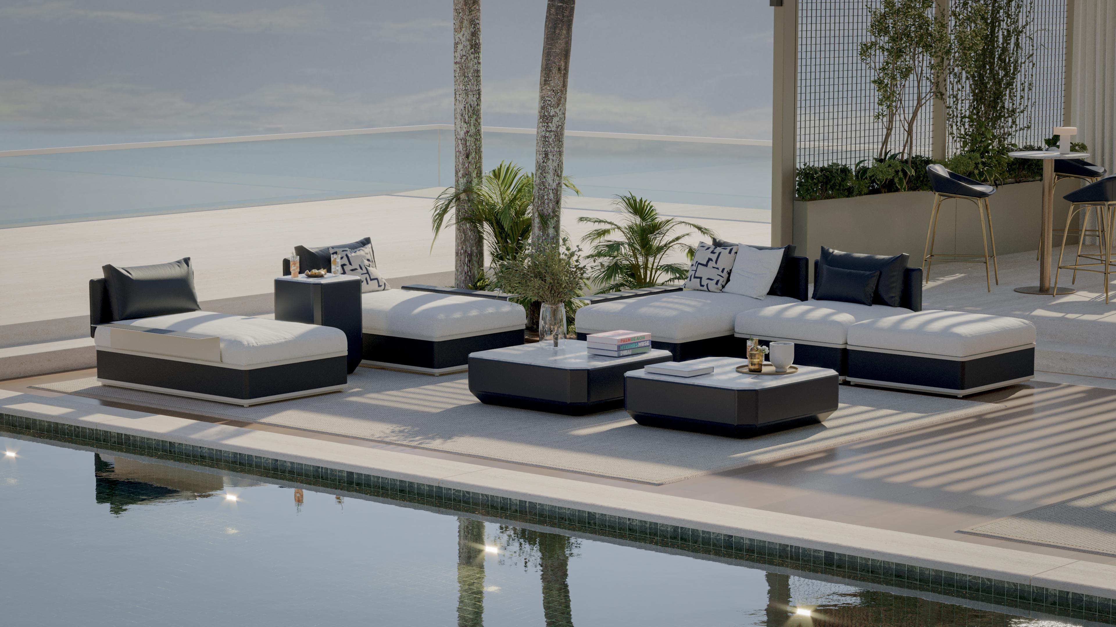 Sofá modular de exterior en piel azul brillante con detalles dorados Siglo XXI y contemporáneo en venta