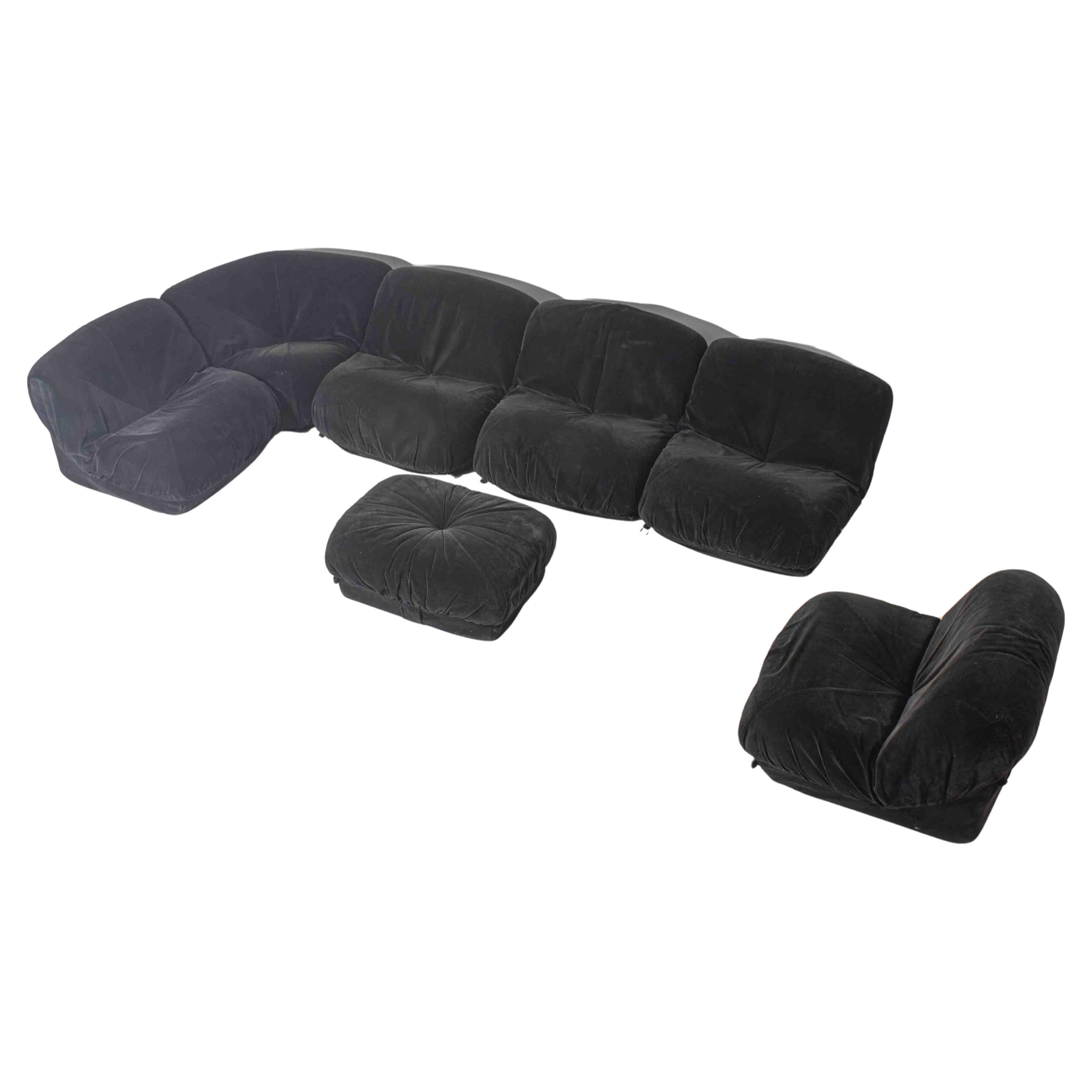 Modular "Patate" sofa in black corduroy velvet by Airborne, France 1970s For Sale