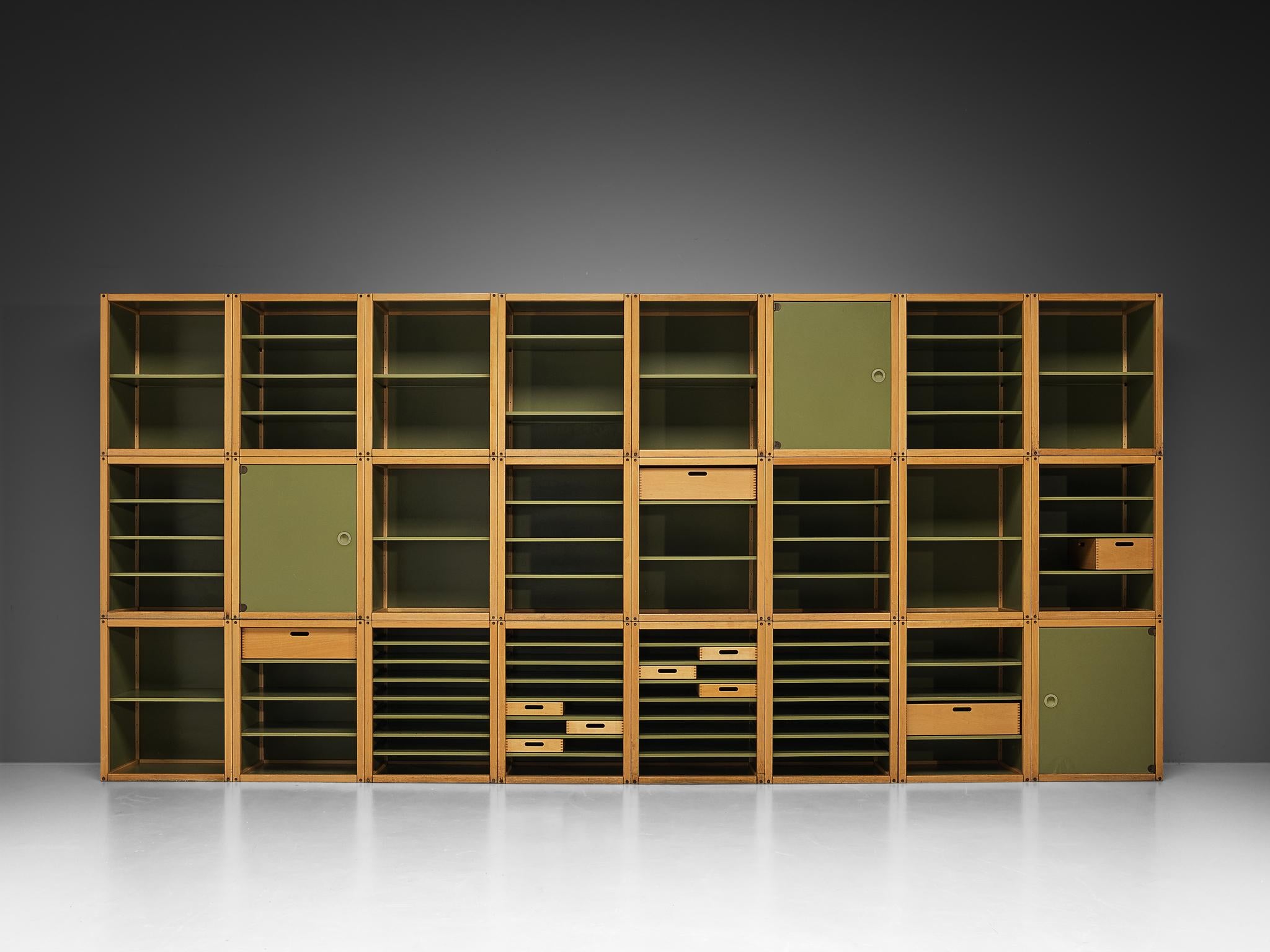 German Modular 'Profilsystem' Wall Unit with Diverse Storage Compartments in Green For Sale