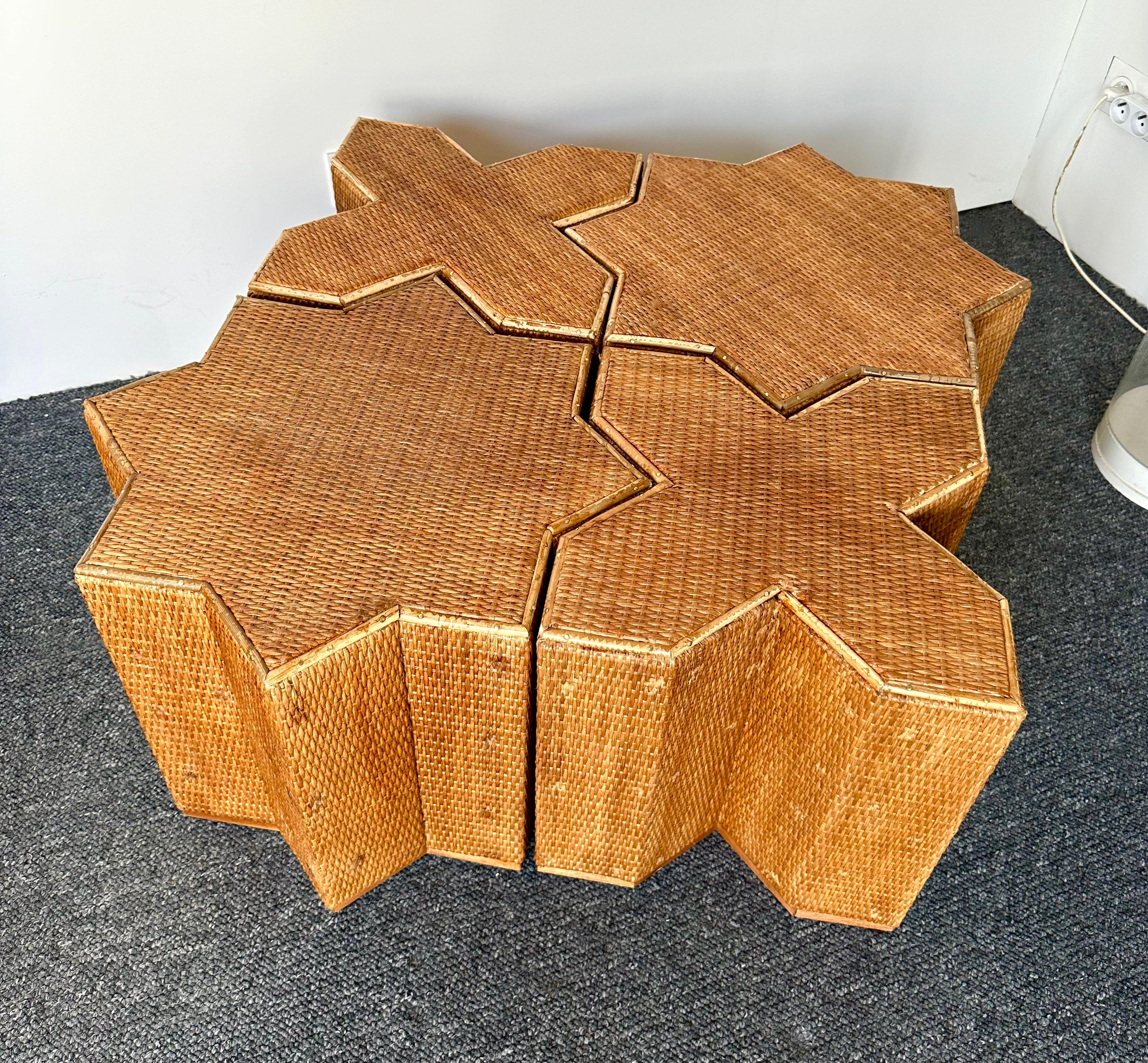 Very rare Mid-Century Modern Hollywood Regency Set of 4 coffee, cocktail, low, side end tables in bamboo, rattan raffia, wicker, model 