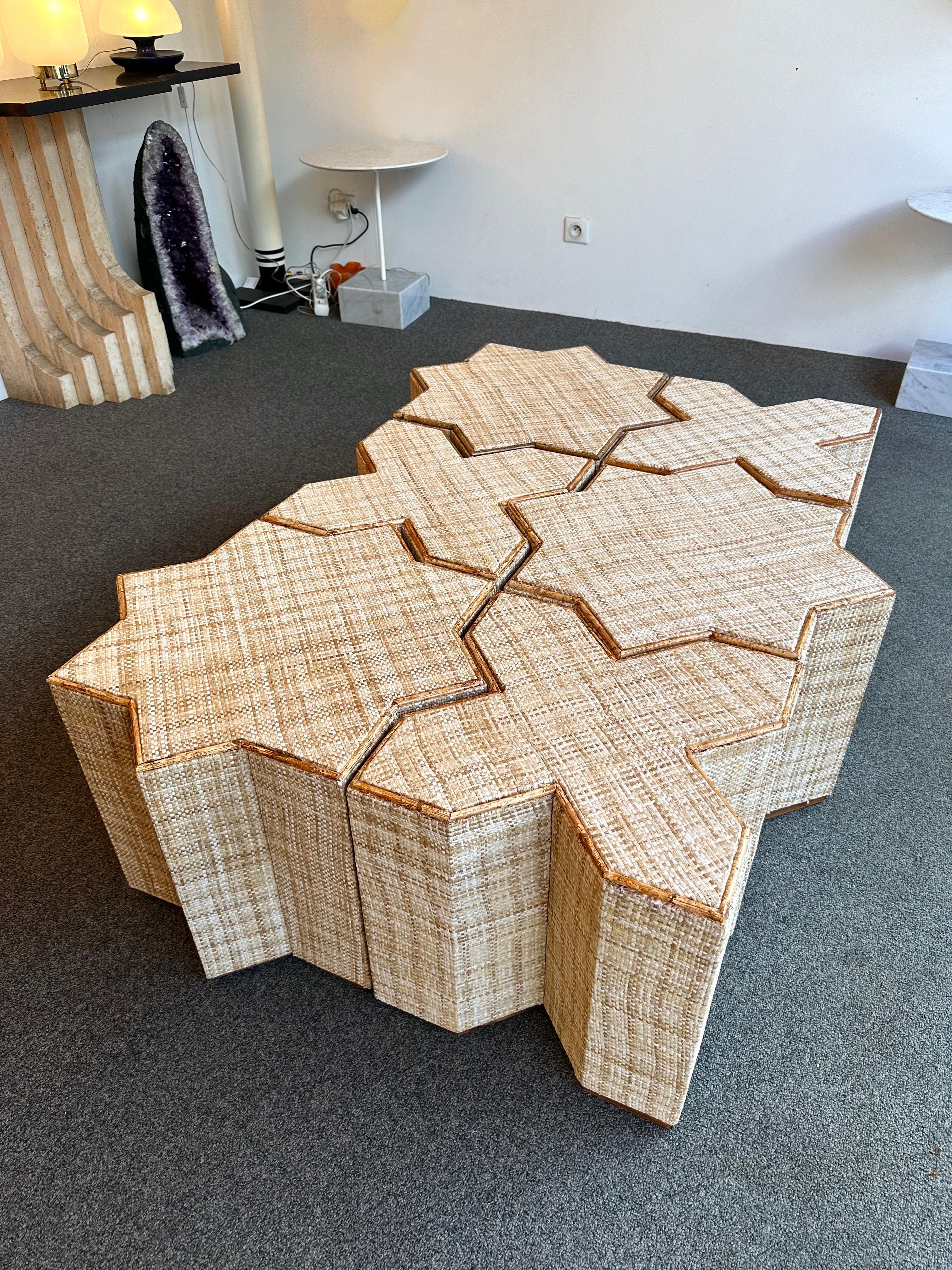Very rare Modular Mid-Century Modern Hollywood Regency Set of 6 coffee, cocktail, low, side end tables in bamboo, rattan raffia, wicker, model 