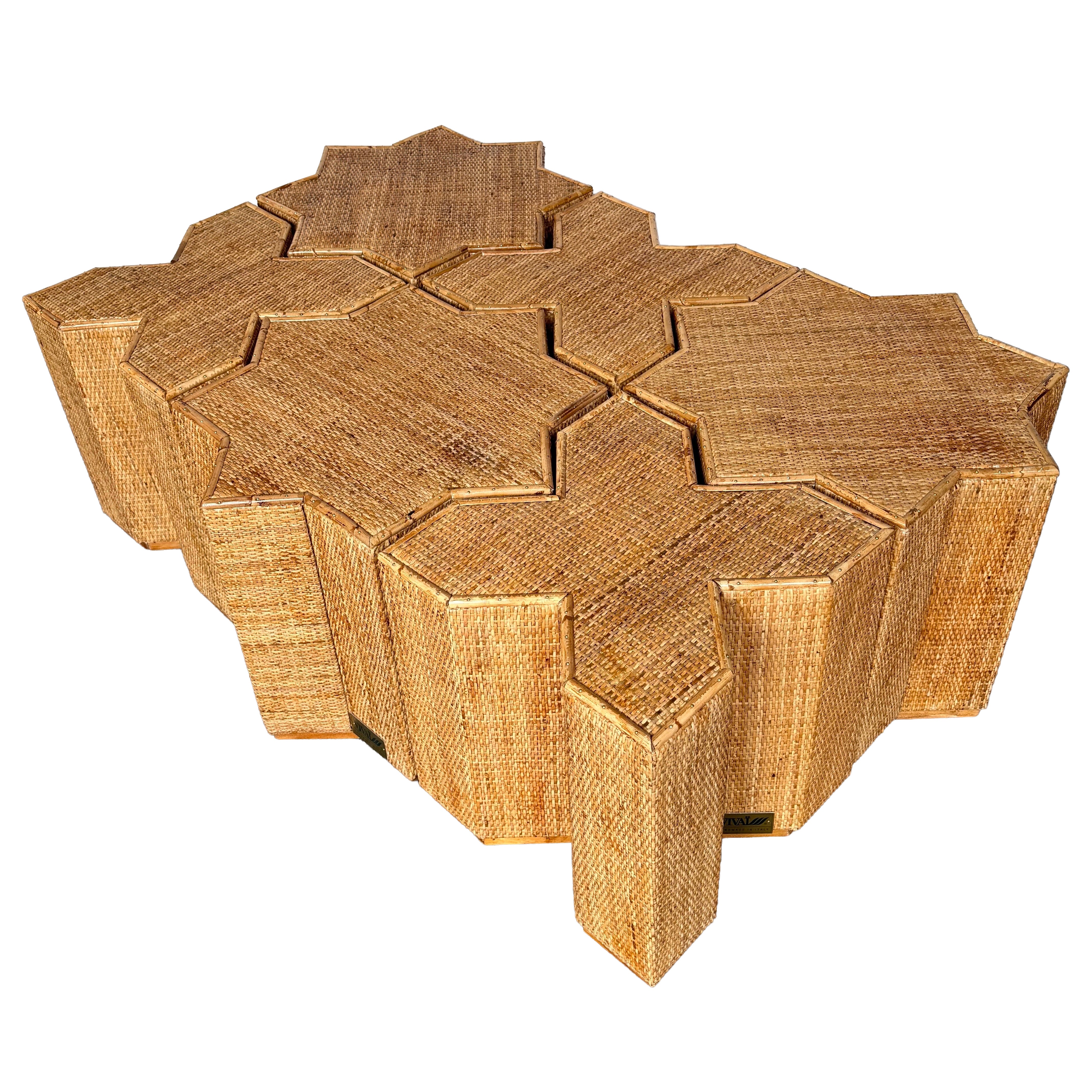Modular Rattan Tables "Stella e Croce" by Vivai Del Sud. Italy, 1970s For Sale