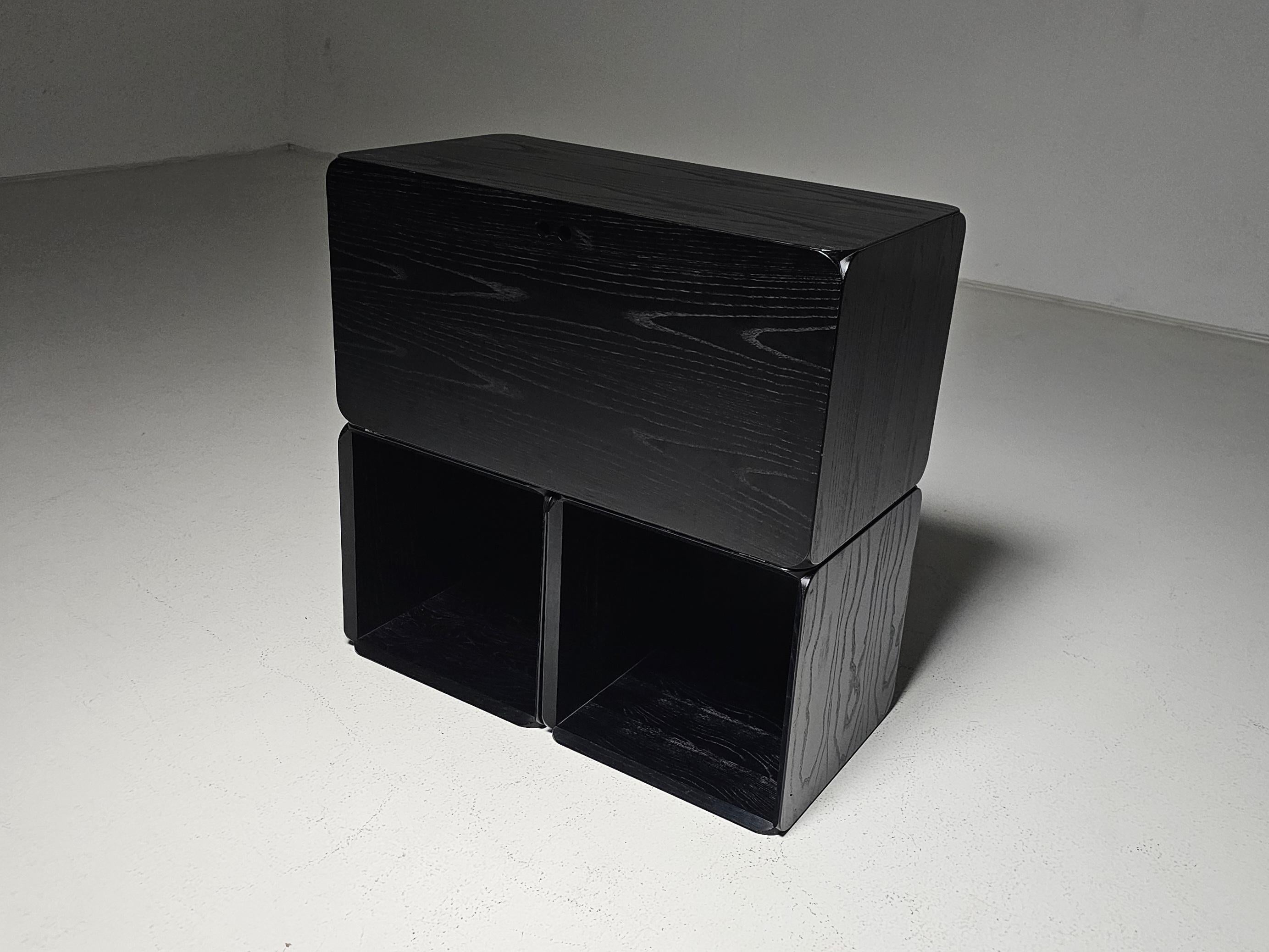Modular wooden Samara storage wall unit in ash wood with a black finish. Designed by Dutch designer Derk Jan de Vries, created in the 1970s. 

This modular storing unit consists of three volumes and includes shelves and a cabinet.. It provides