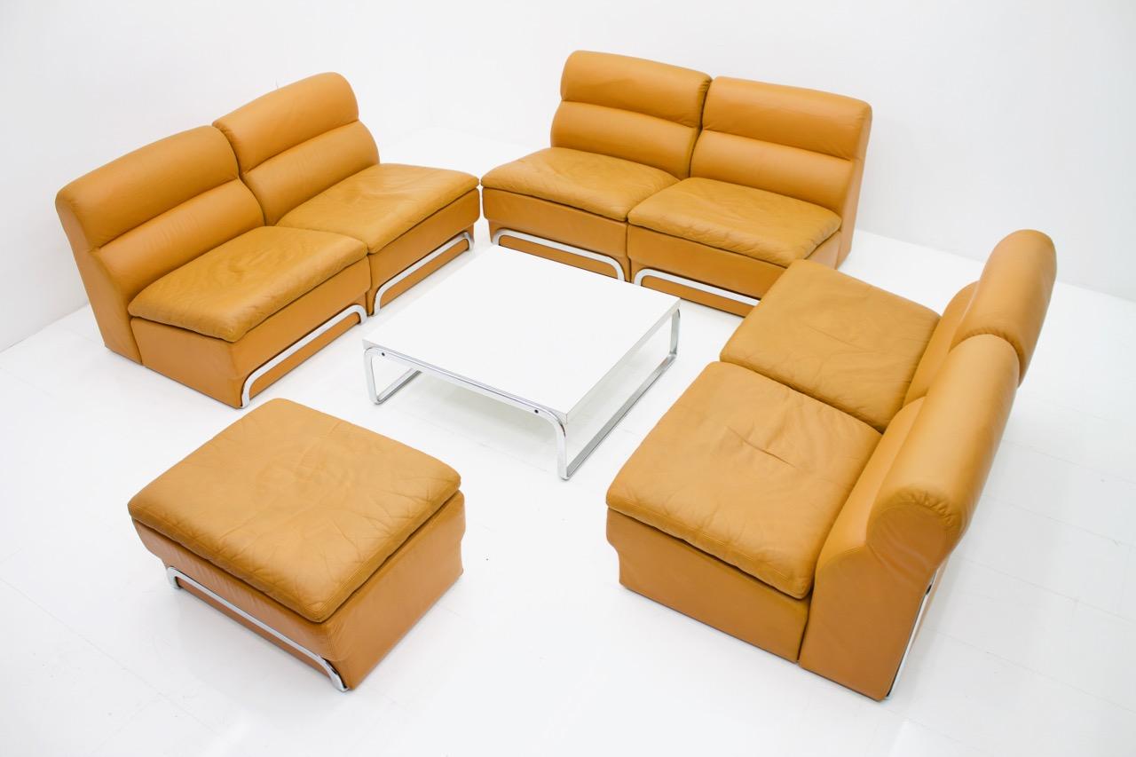 Mid-Century Modern Modular Sofa Set & Table Light Brown Leather by Horst Bruning for Kill 1970s For Sale
