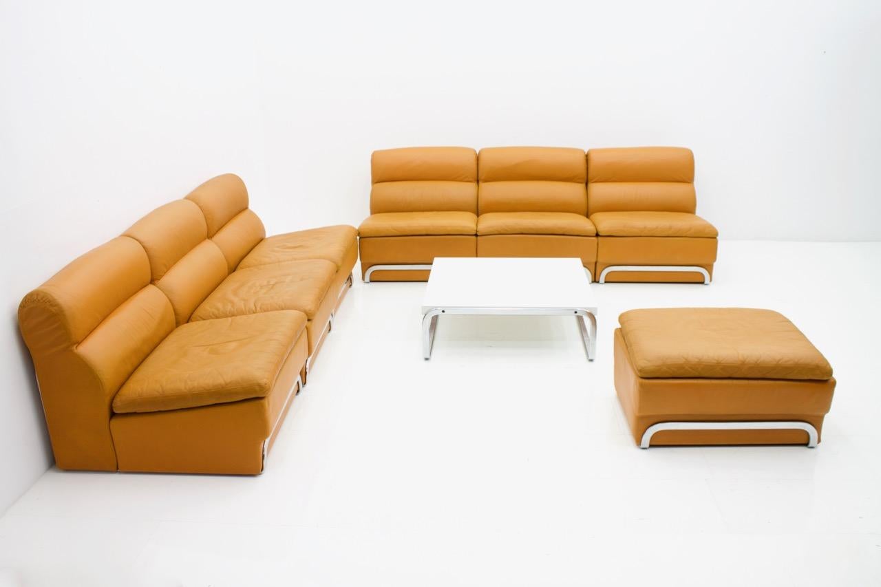 German Modular Sofa Set & Table Light Brown Leather by Horst Bruning for Kill 1970s For Sale