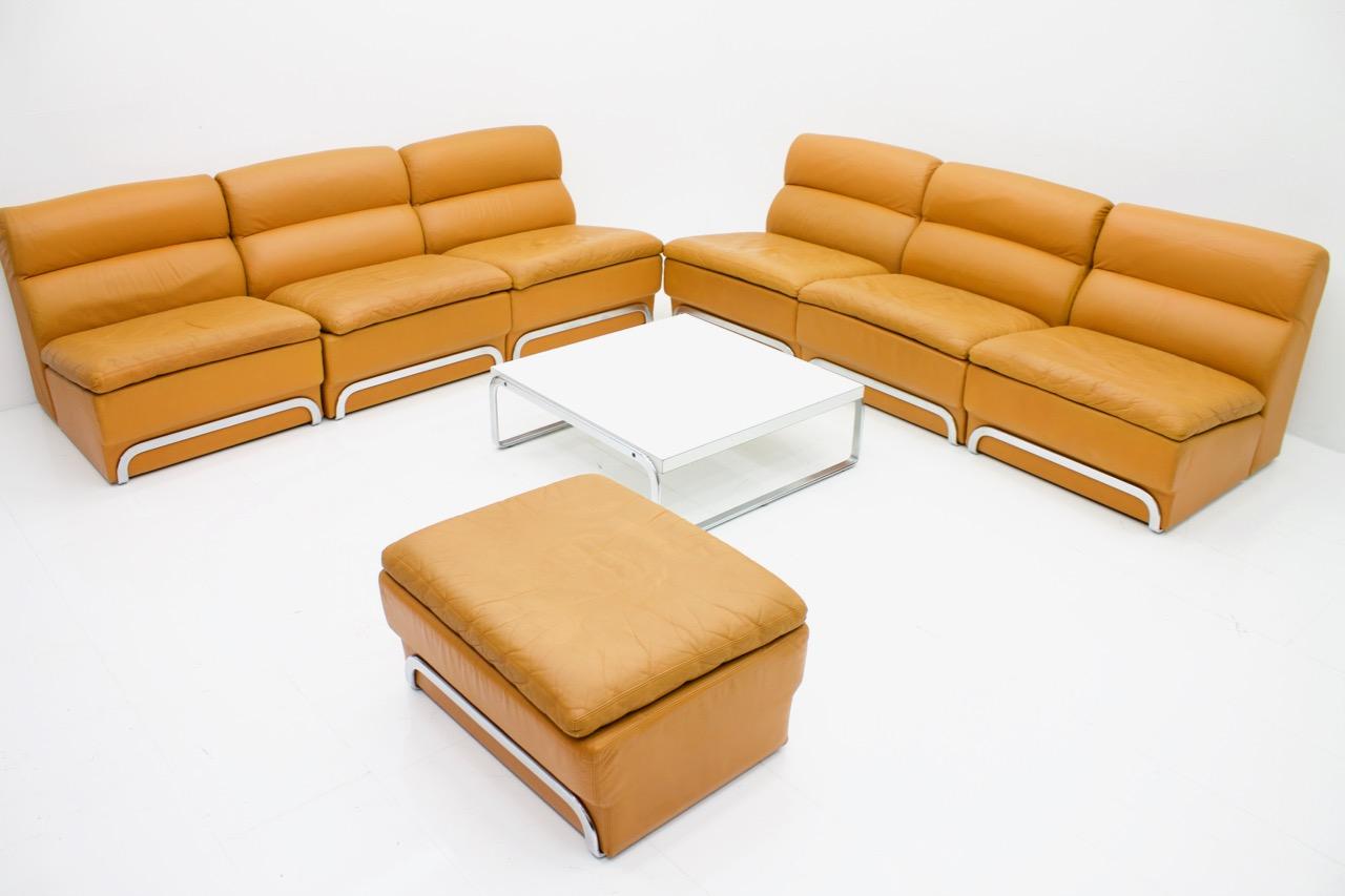 Modular Sofa Set & Table Light Brown Leather by Horst Bruning for Kill 1970s In Good Condition For Sale In Frankfurt / Dreieich, DE