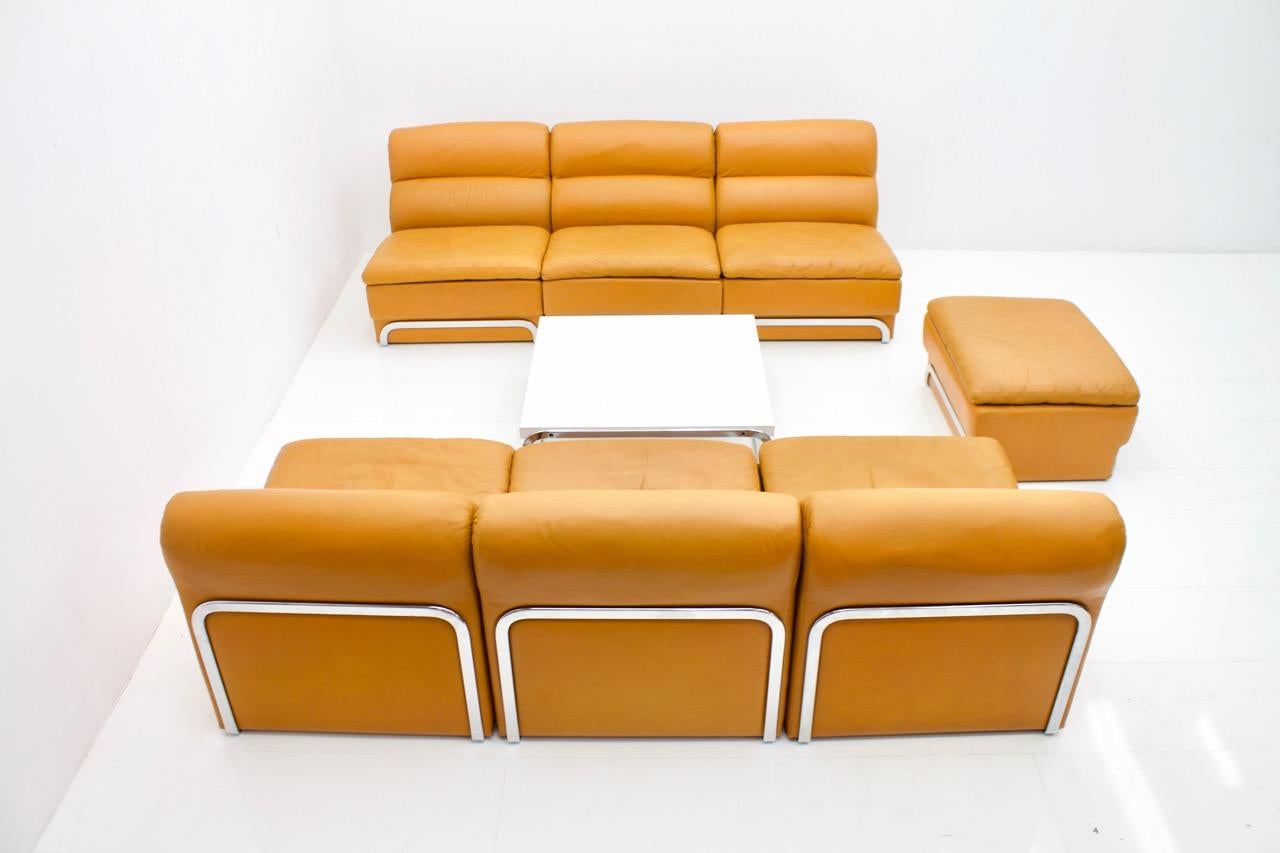 Stainless Steel Modular Sofa Set & Table Light Brown Leather by Horst Bruning for Kill 1970s For Sale