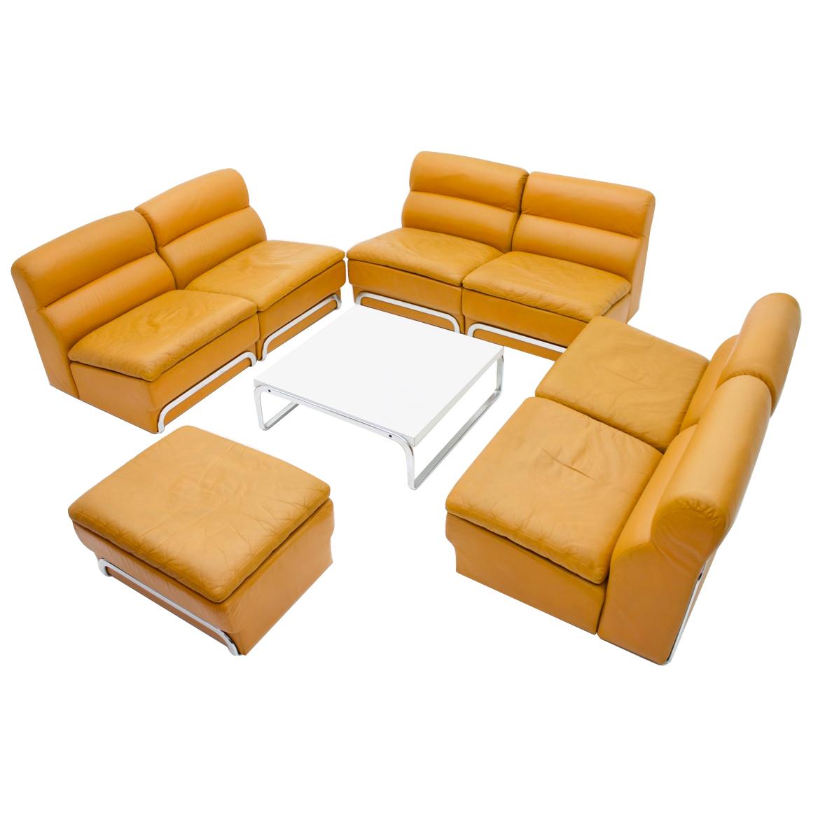 Modular Sofa Set & Table Light Brown Leather by Horst Bruning for Kill 1970s