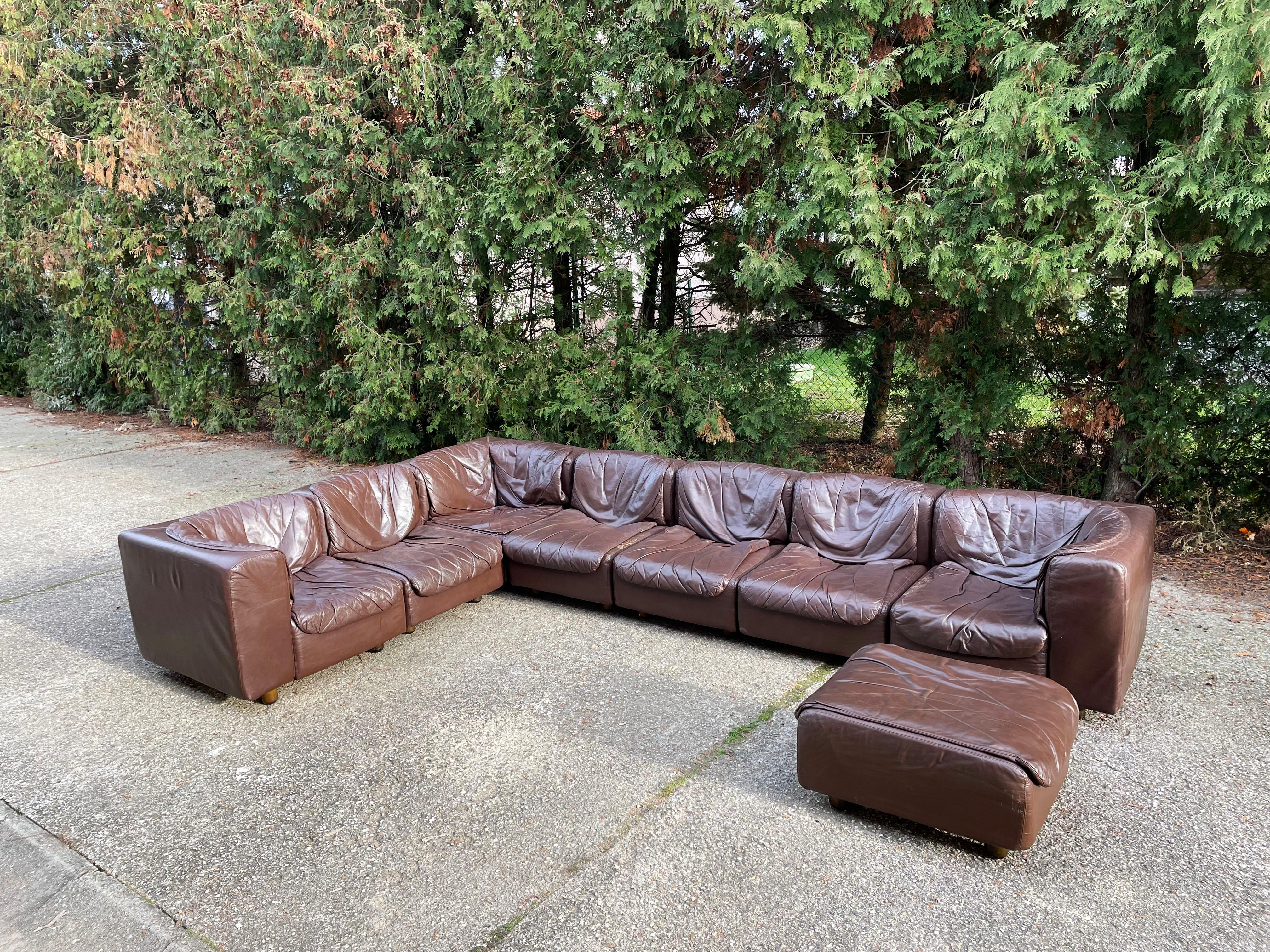 Modular Sectional Dark Brown Leather Sofa by Arflex, Tito Agnoli, Italy, 1970 In Good Condition For Sale In Zagreb, HR