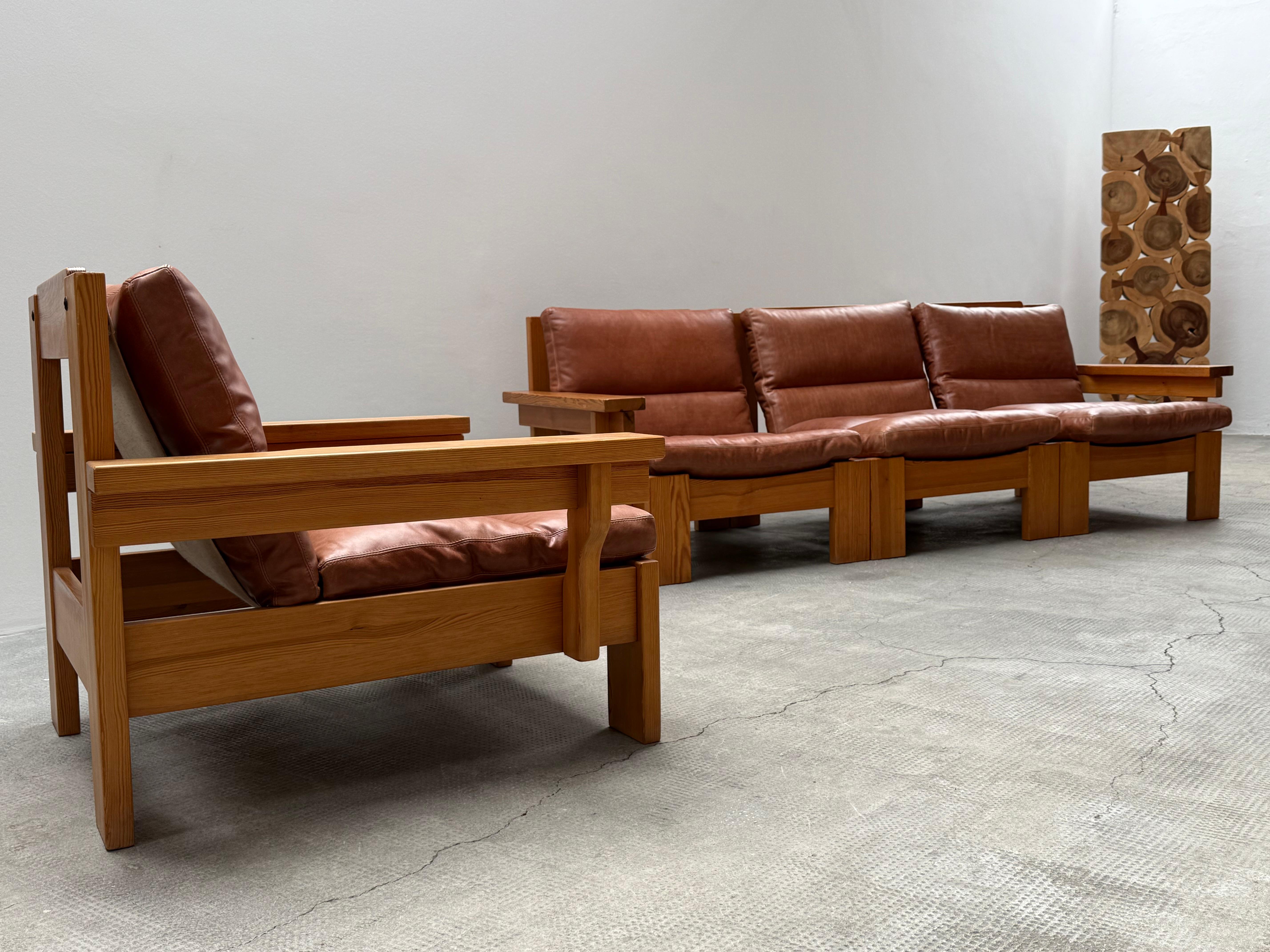 MODULARES SITZSOFA ARMOSCHIRM KIEFER-HOLZ-KOGNAC-LEDER, 1970er Jahre im Angebot 4