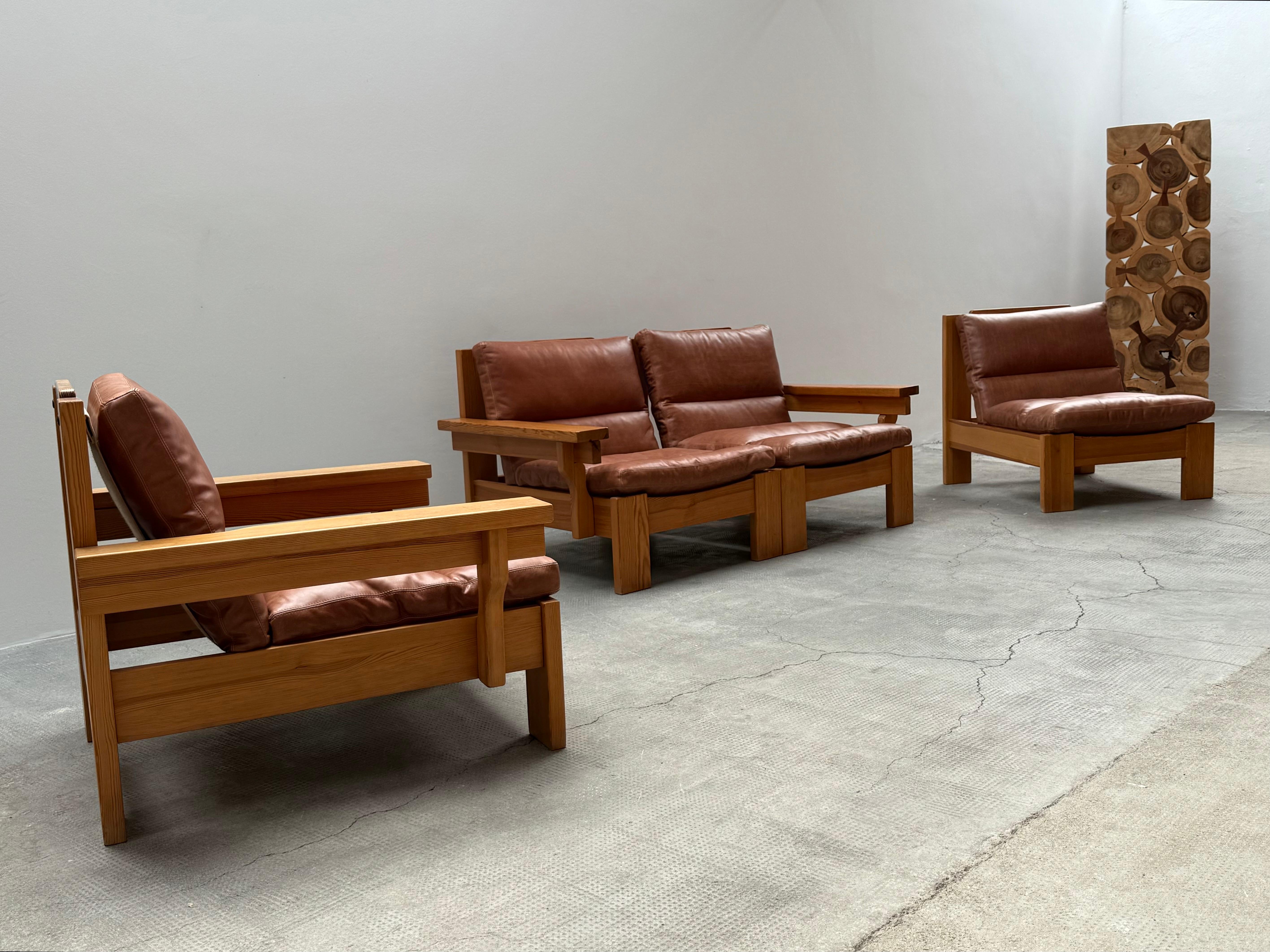 MODULARES SITZSOFA ARMOSCHIRM KIEFER-HOLZ-KOGNAC-LEDER, 1970er Jahre im Angebot 6