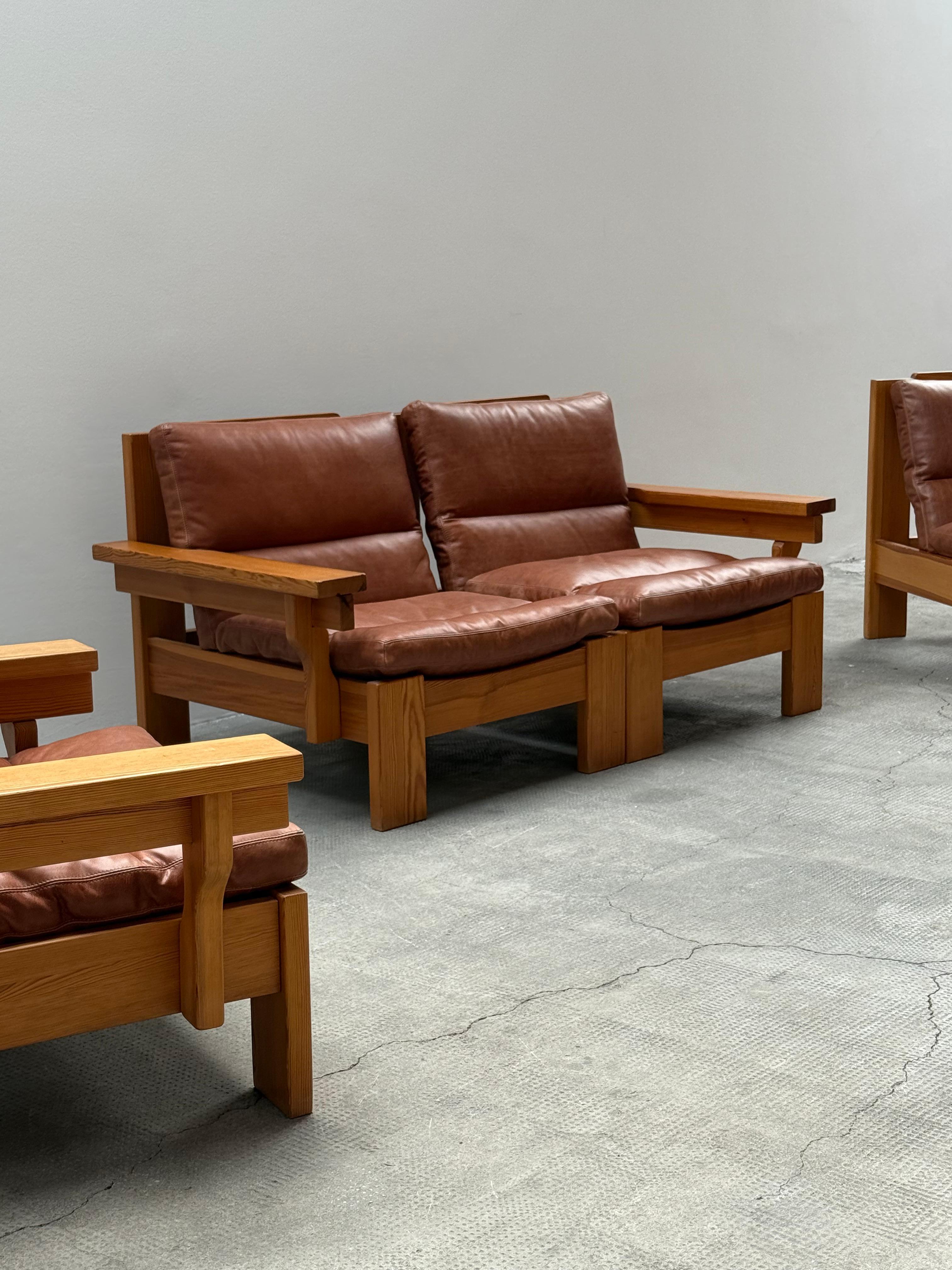 MODULARES SITZSOFA ARMOSCHIRM KIEFER-HOLZ-KOGNAC-LEDER, 1970er Jahre im Angebot 7