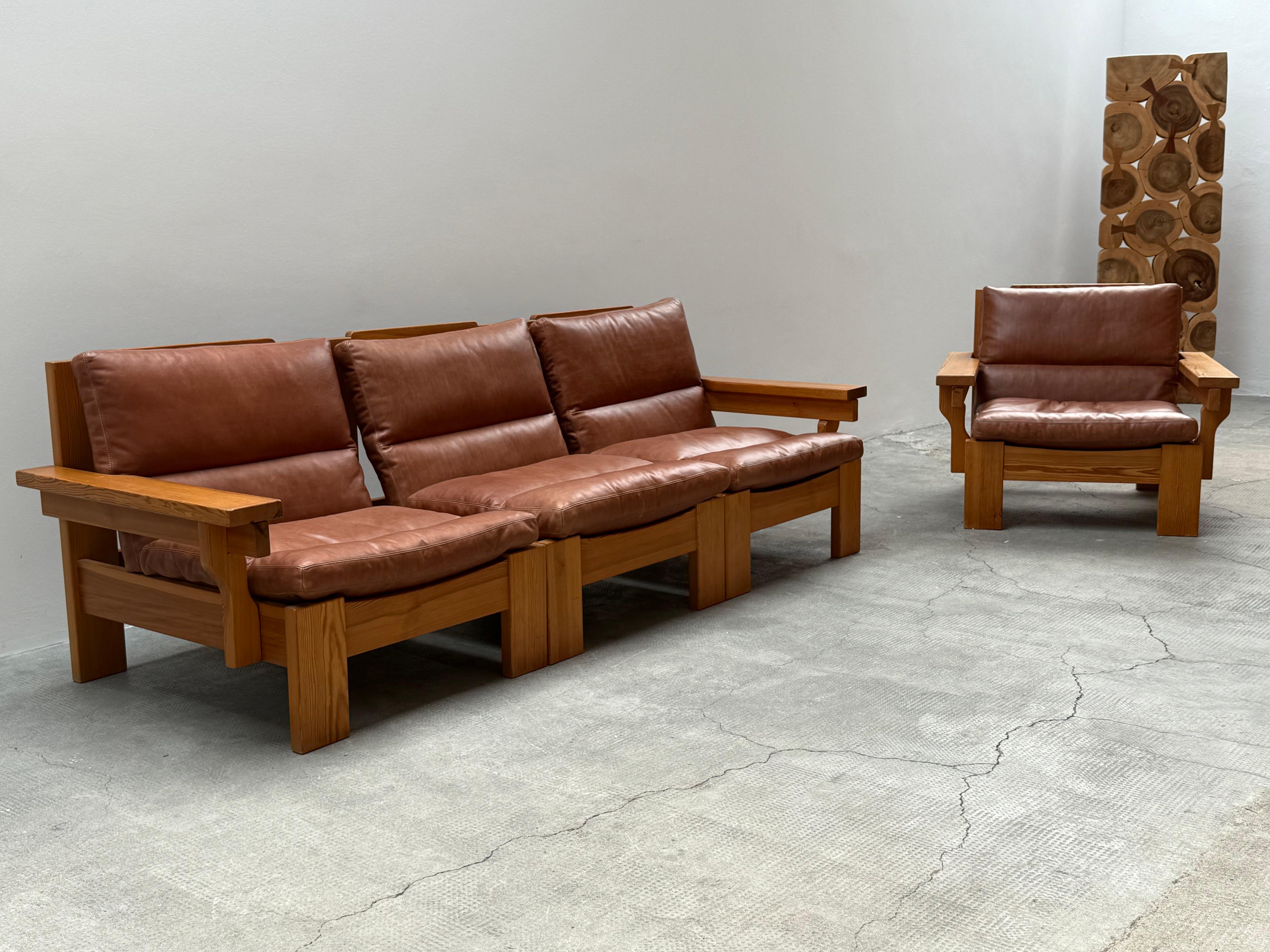 MODULARES SITZSOFA ARMOSCHIRM KIEFER-HOLZ-KOGNAC-LEDER, 1970er Jahre im Angebot 8