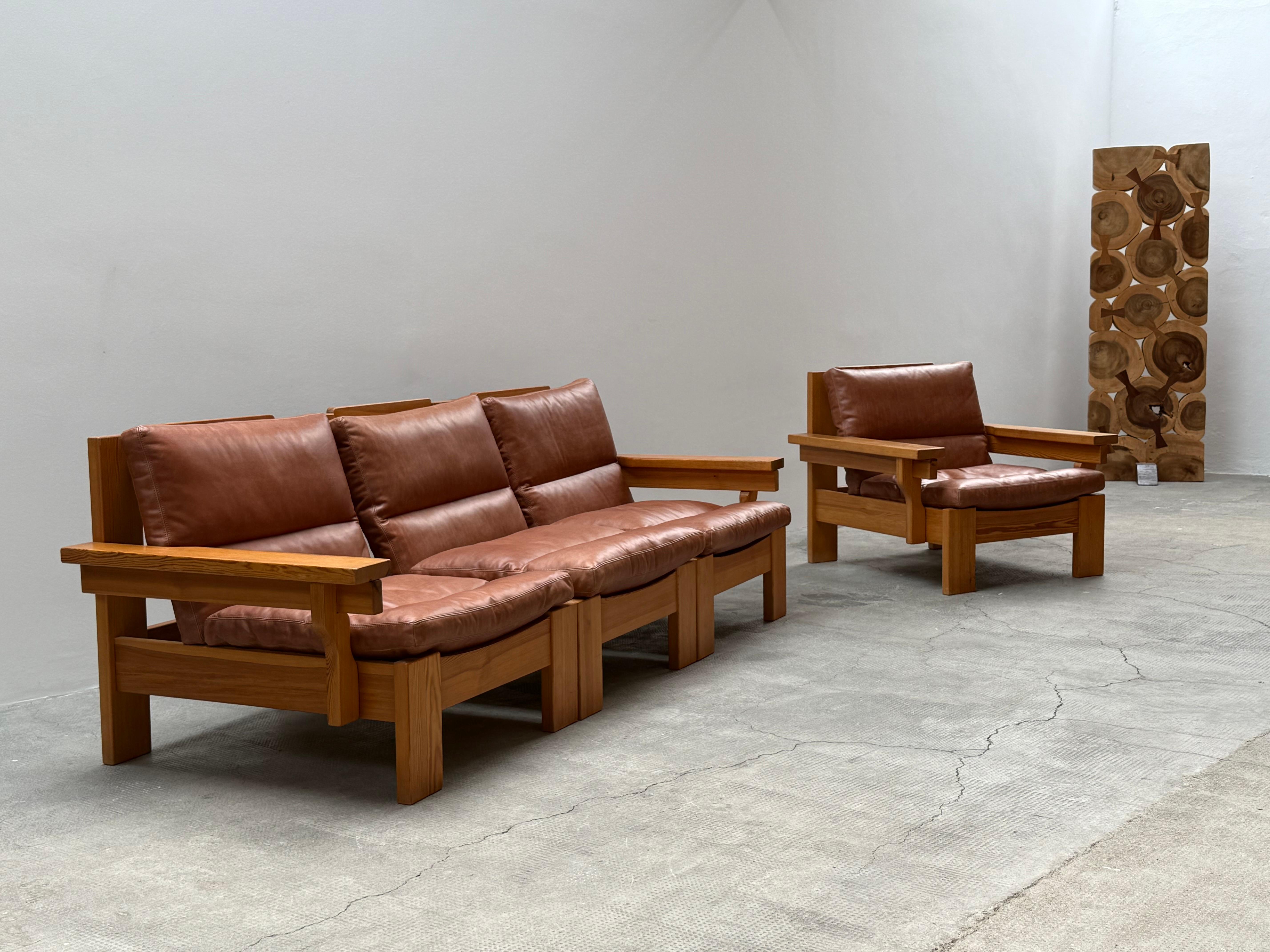MODULARES SITZSOFA ARMOSCHIRM KIEFER-HOLZ-KOGNAC-LEDER, 1970er Jahre im Angebot 9
