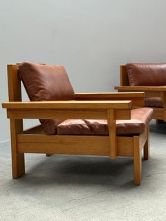 MODULAR SECTIONAL SOFA ARMCHAIR PINE WOOD COGNAC LEATHER, 1970s