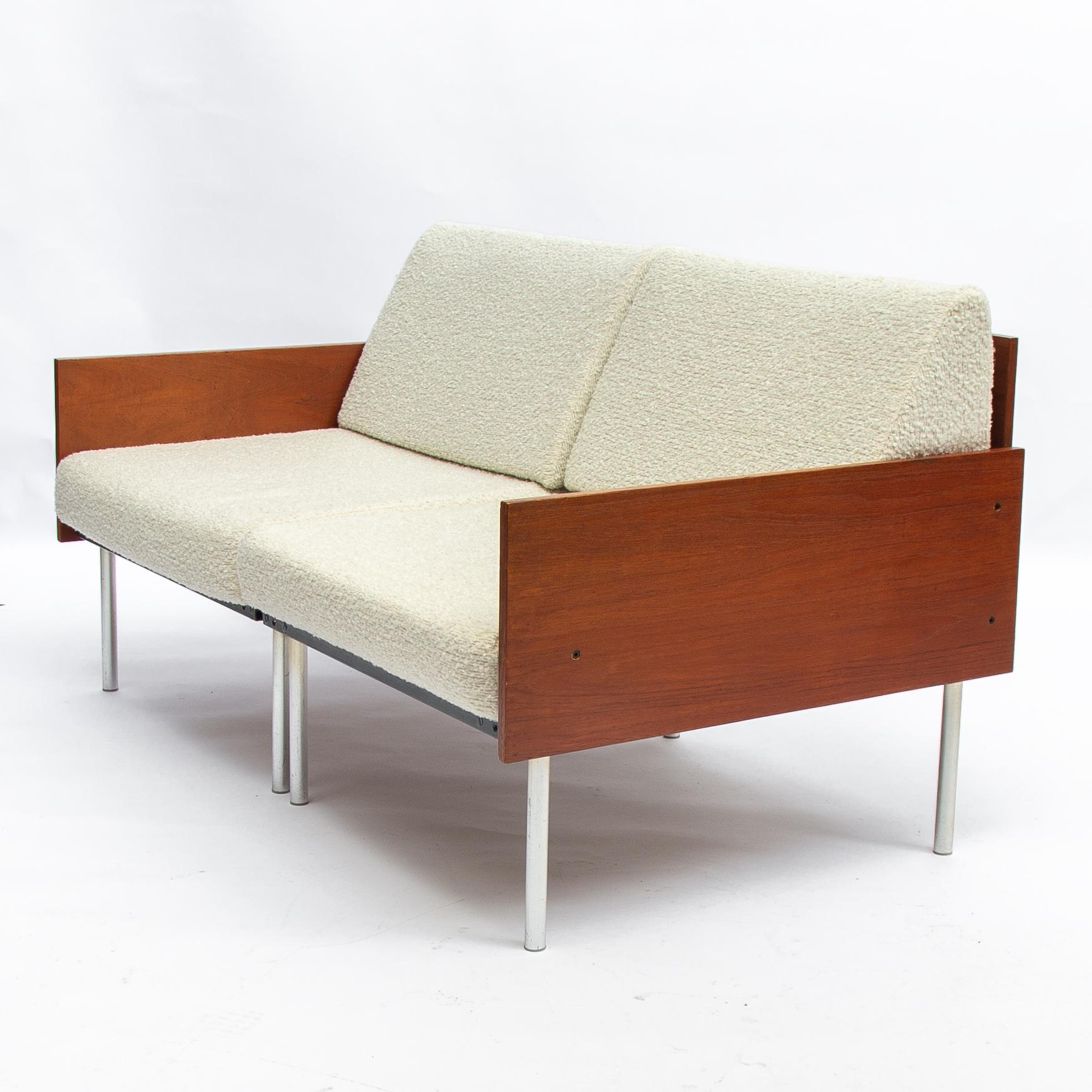 Dutch Modular Sectional Sofa with Wooden Back, Re-Upholstered with a Crackle Fabric