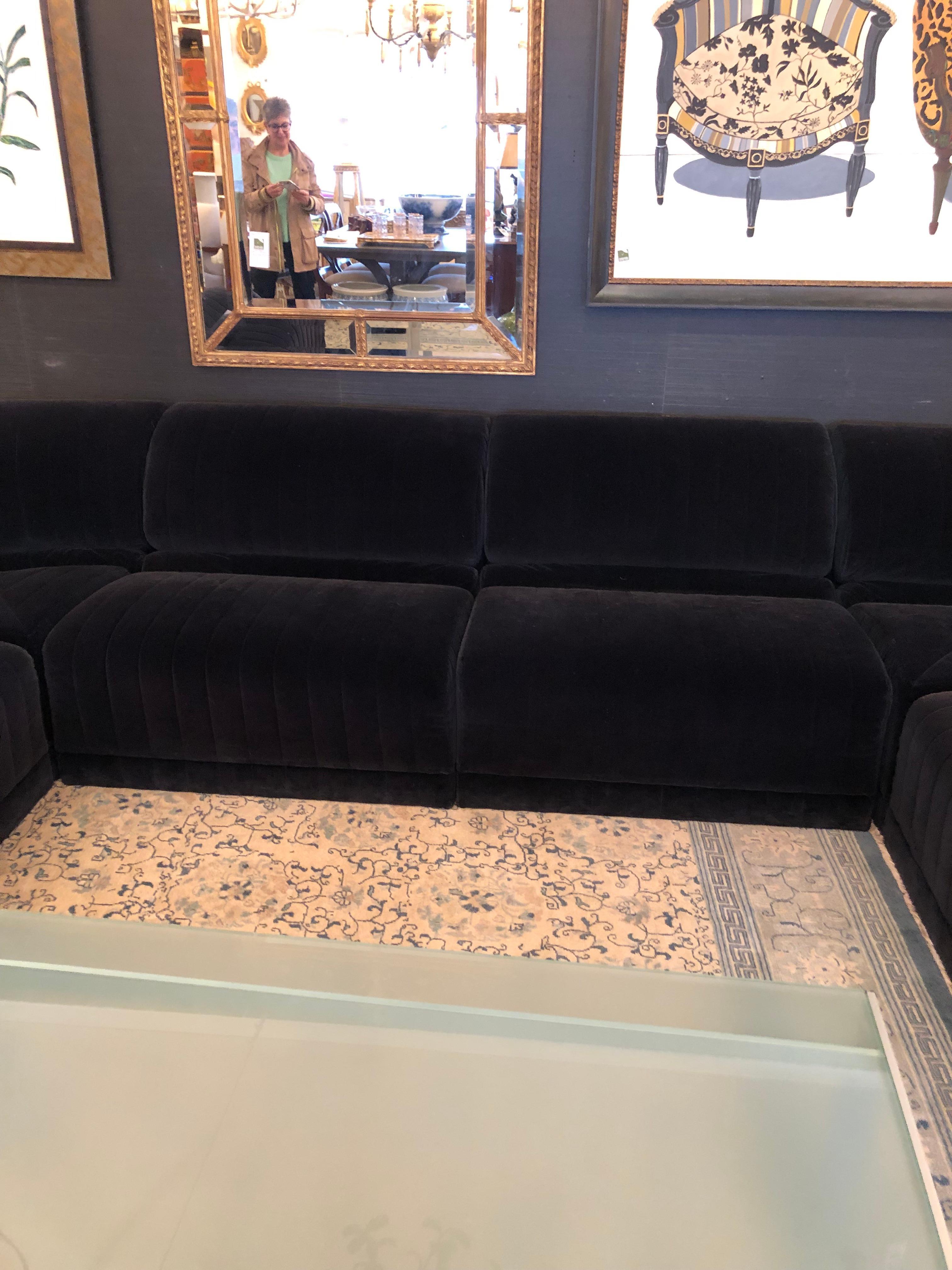 Contemporary Modular Serpentine 7 Piece Roche Bobois Dark Midnight Blue Velvet Sectional Sofa For Sale