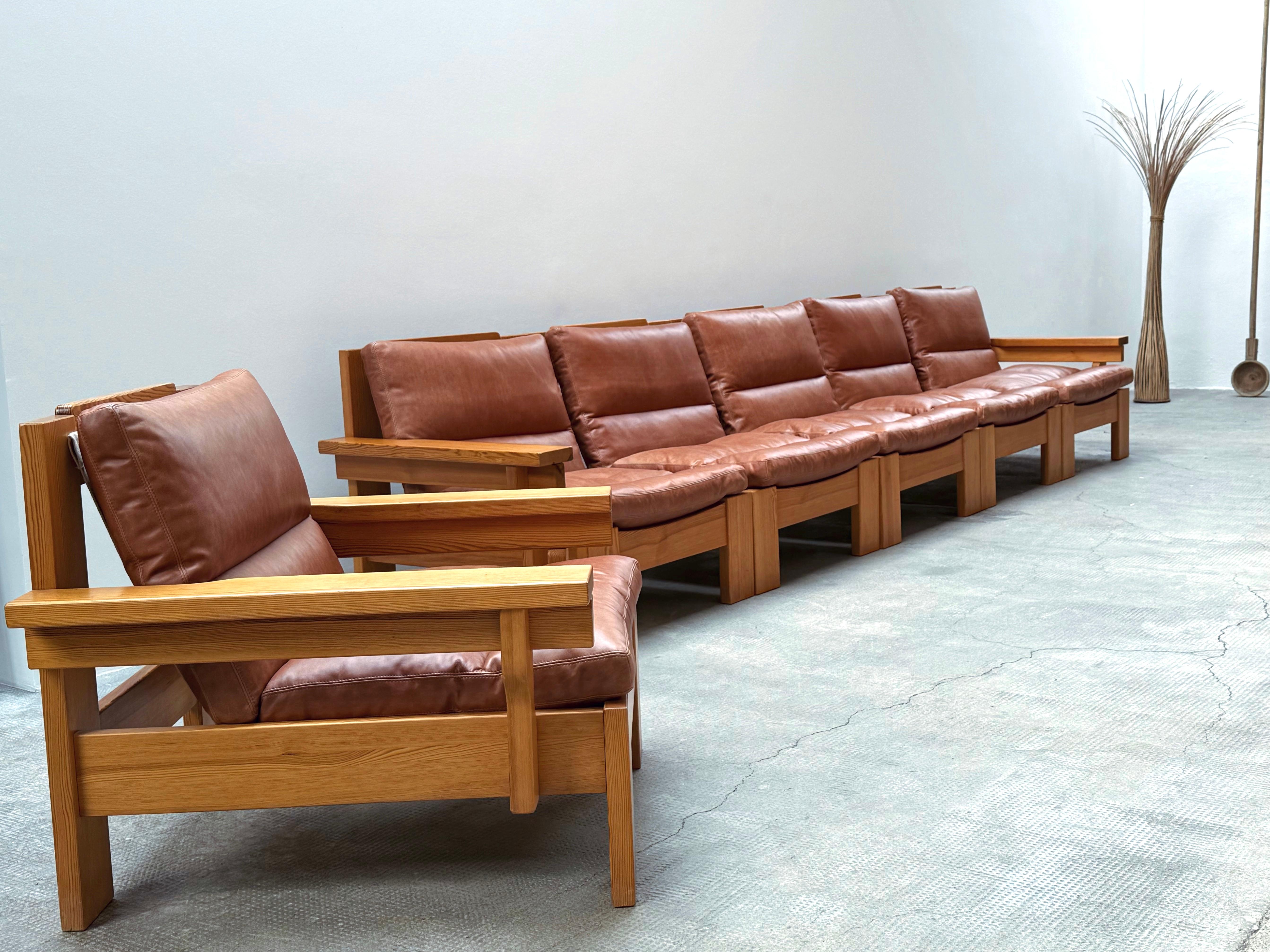 Allemand Ensemble Sitzgruppe siège modulaire Kiefernholz Leder Leinen, Schweden 1970 en vente