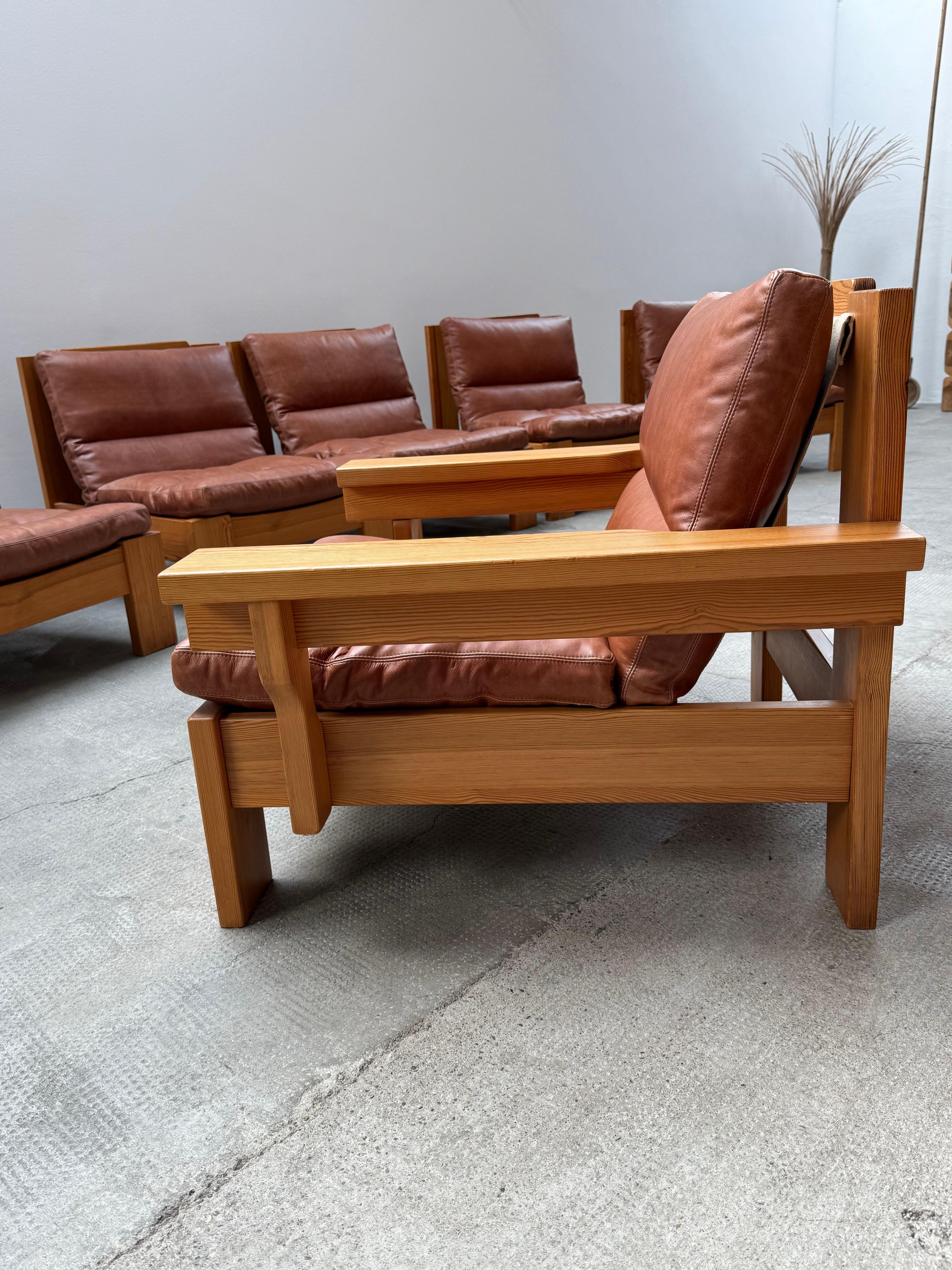 Ensemble Sitzgruppe siège modulaire Kiefernholz Leder Leinen, Schweden 1970 Bon état - En vente à Reutlingen, DE