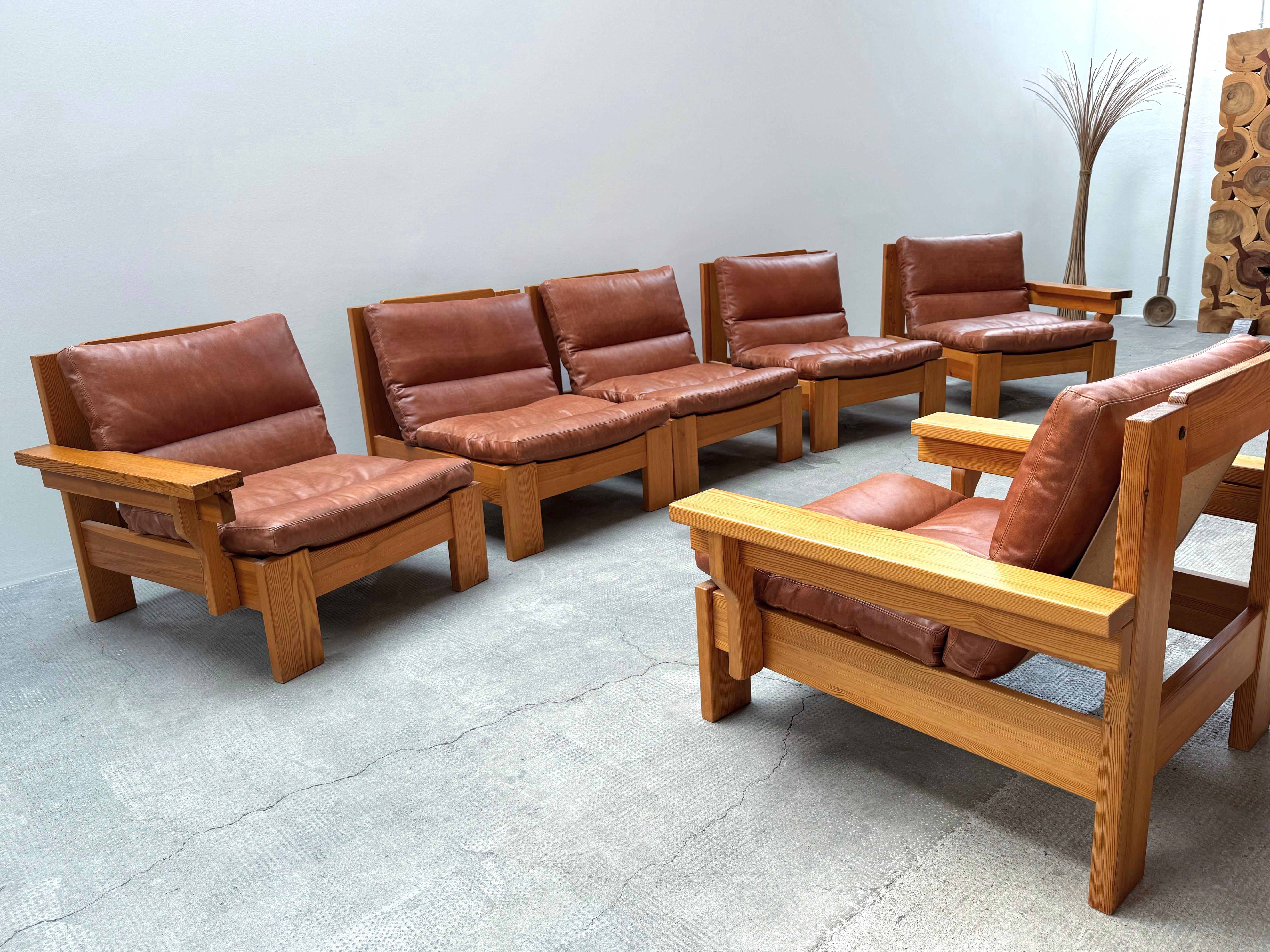 Cuir Ensemble Sitzgruppe siège modulaire Kiefernholz Leder Leinen, Schweden 1970 en vente