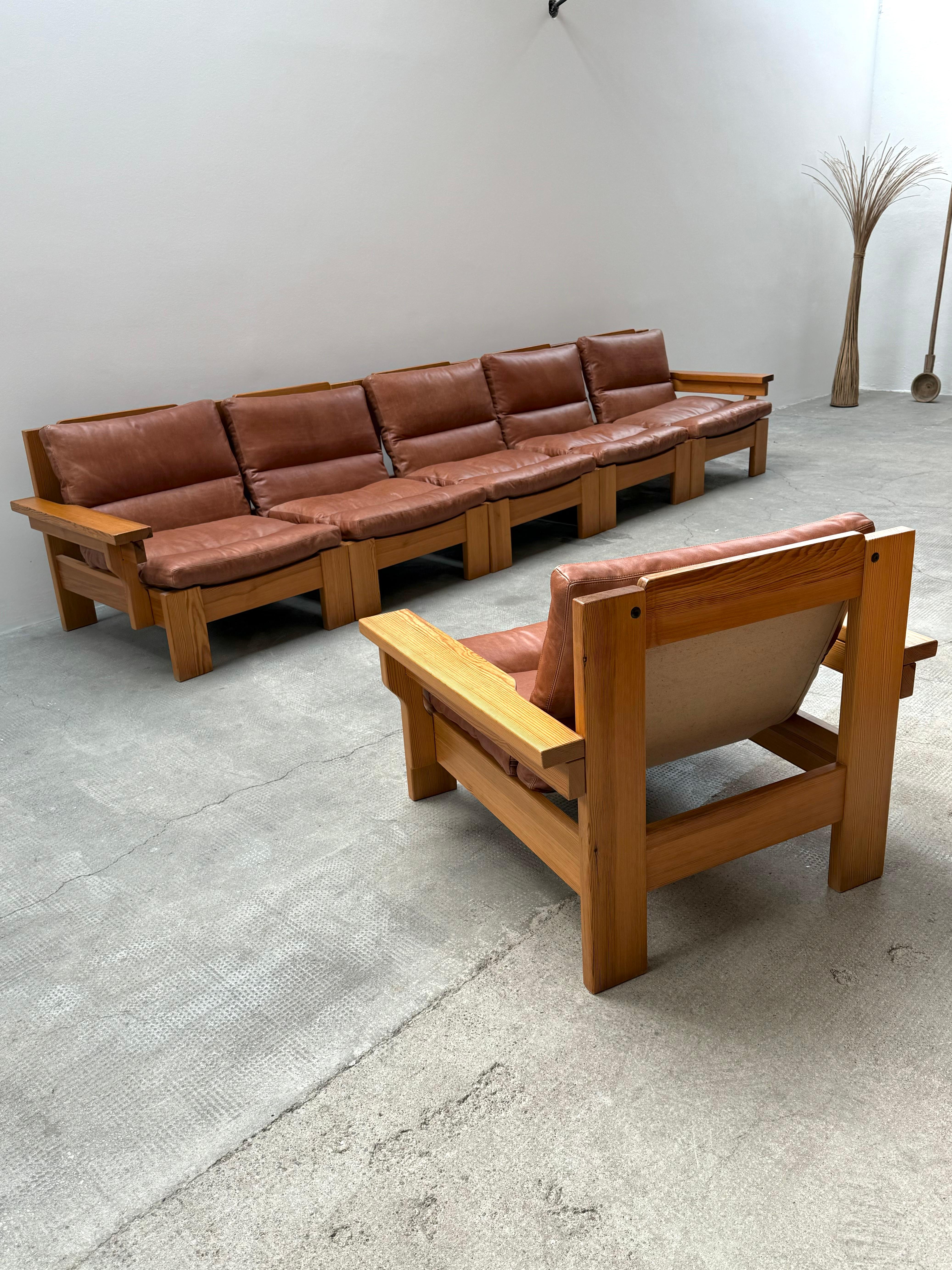 Ensemble Sitzgruppe siège modulaire Kiefernholz Leder Leinen, Schweden 1970 en vente 1