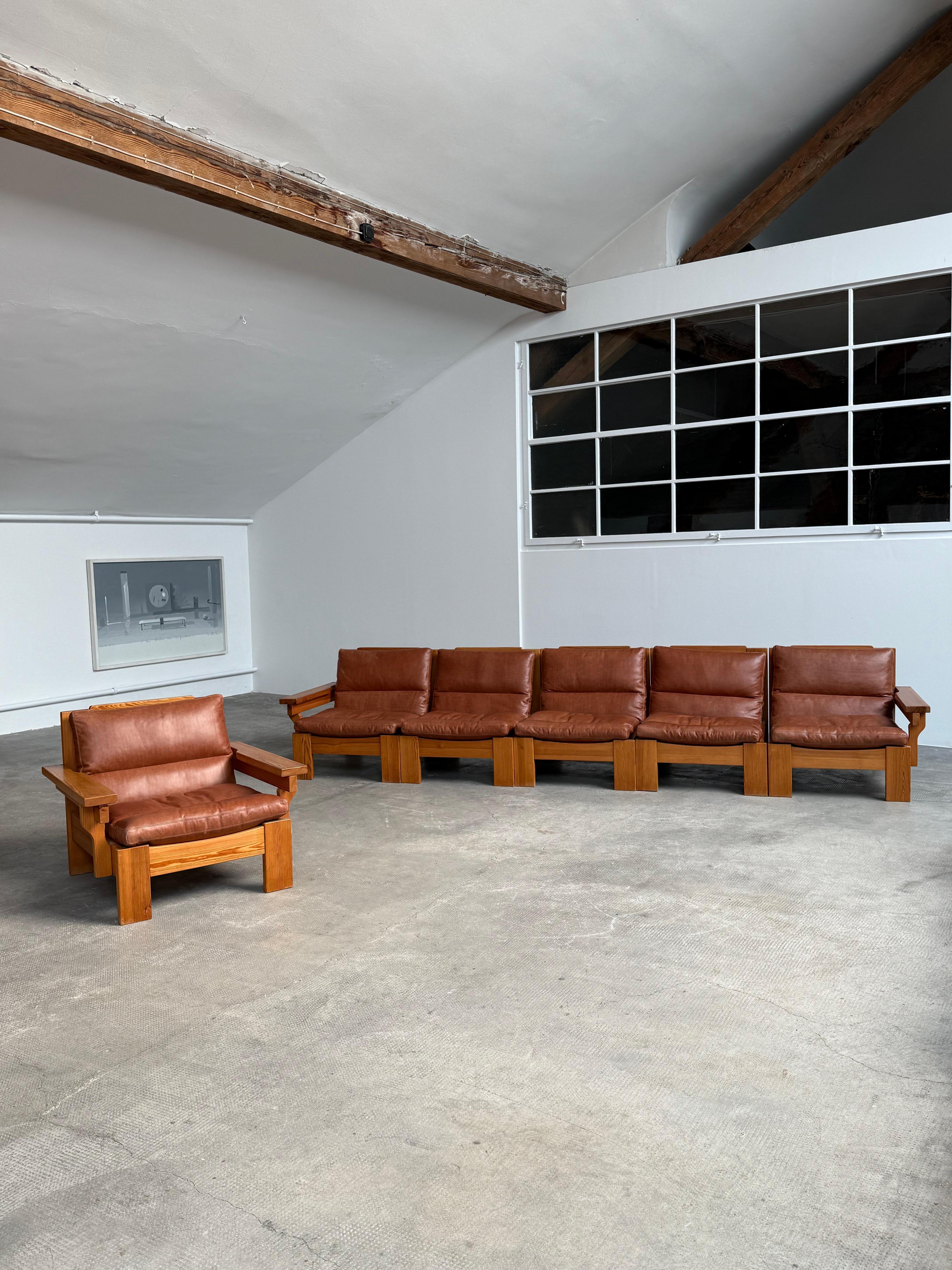 Ensemble Sitzgruppe siège modulaire Kiefernholz Leder Leinen, Schweden 1970 en vente 5
