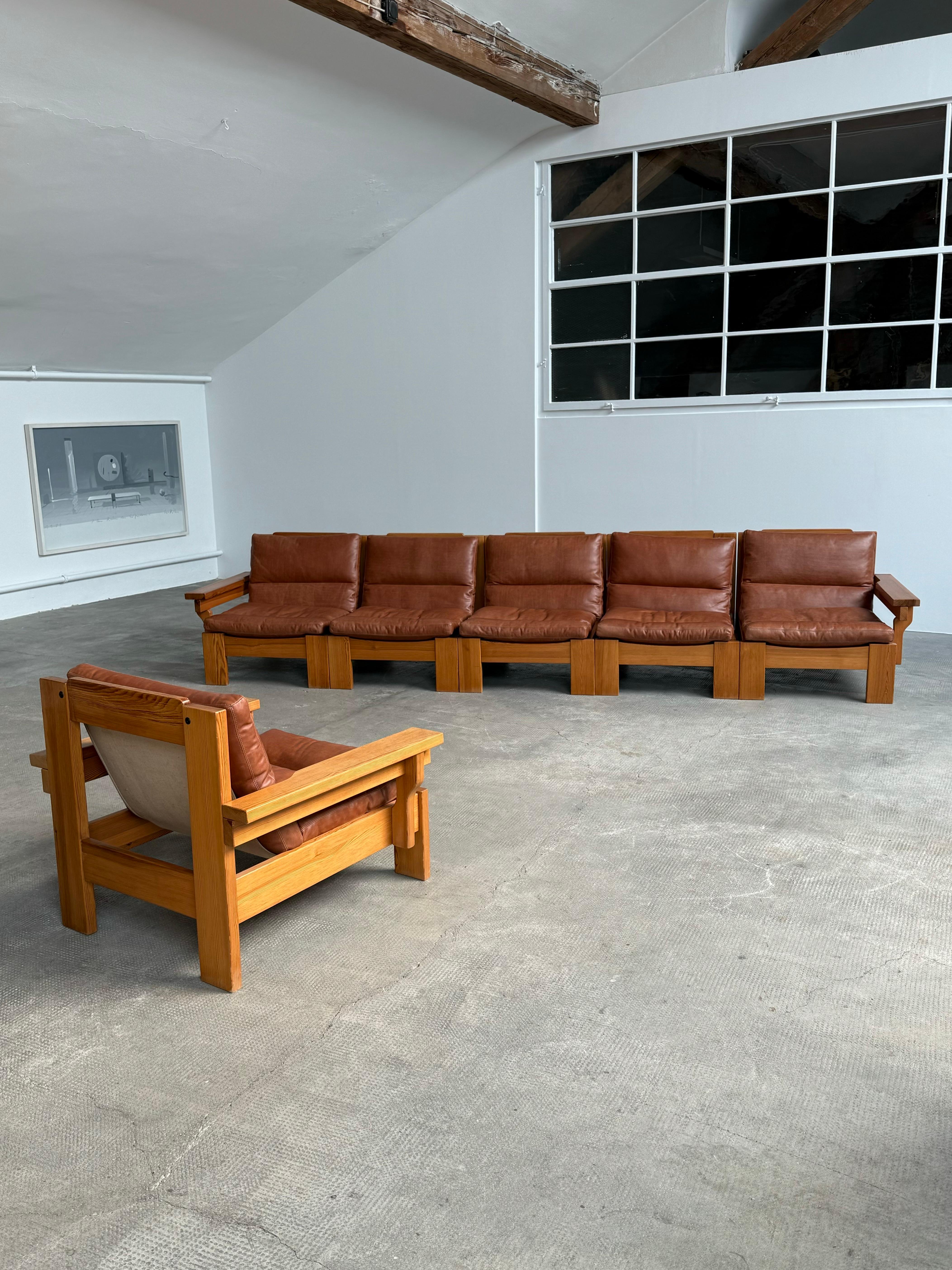 Ensemble Sitzgruppe siège modulaire Kiefernholz Leder Leinen, Schweden 1970 en vente 6