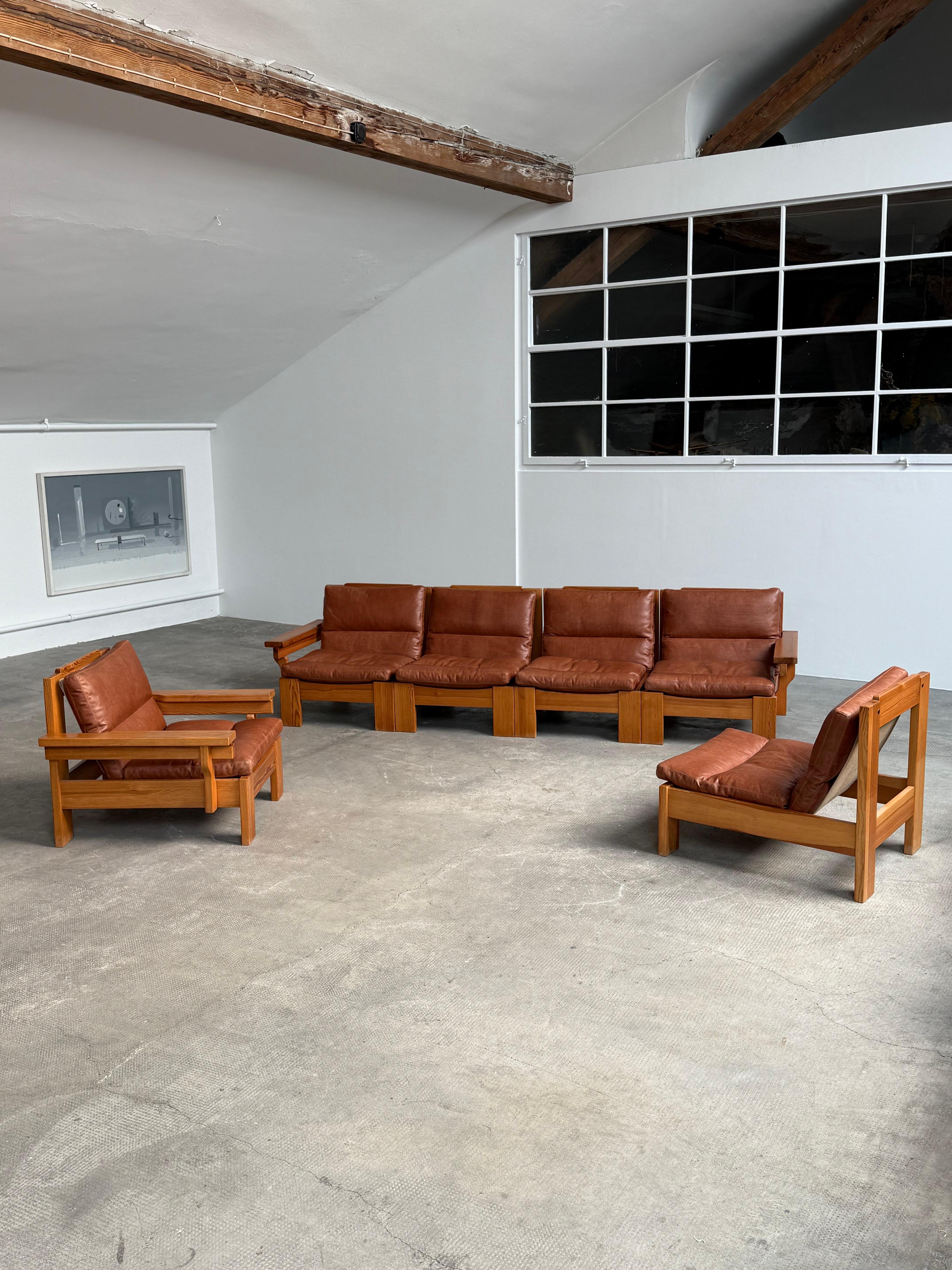 Ensemble Sitzgruppe siège modulaire Kiefernholz Leder Leinen, Schweden 1970 en vente 7