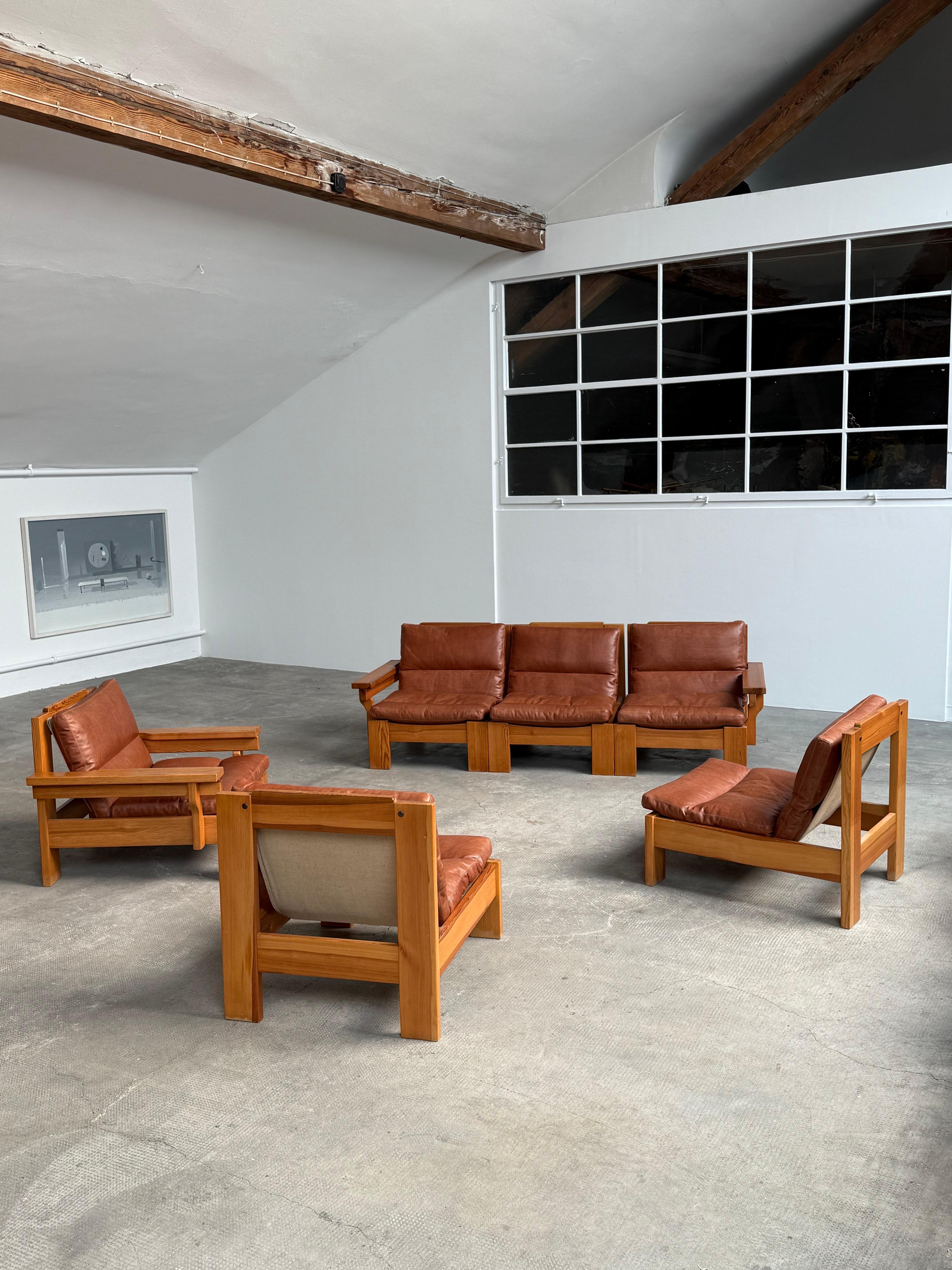 Ensemble Sitzgruppe siège modulaire Kiefernholz Leder Leinen, Schweden 1970 en vente 8