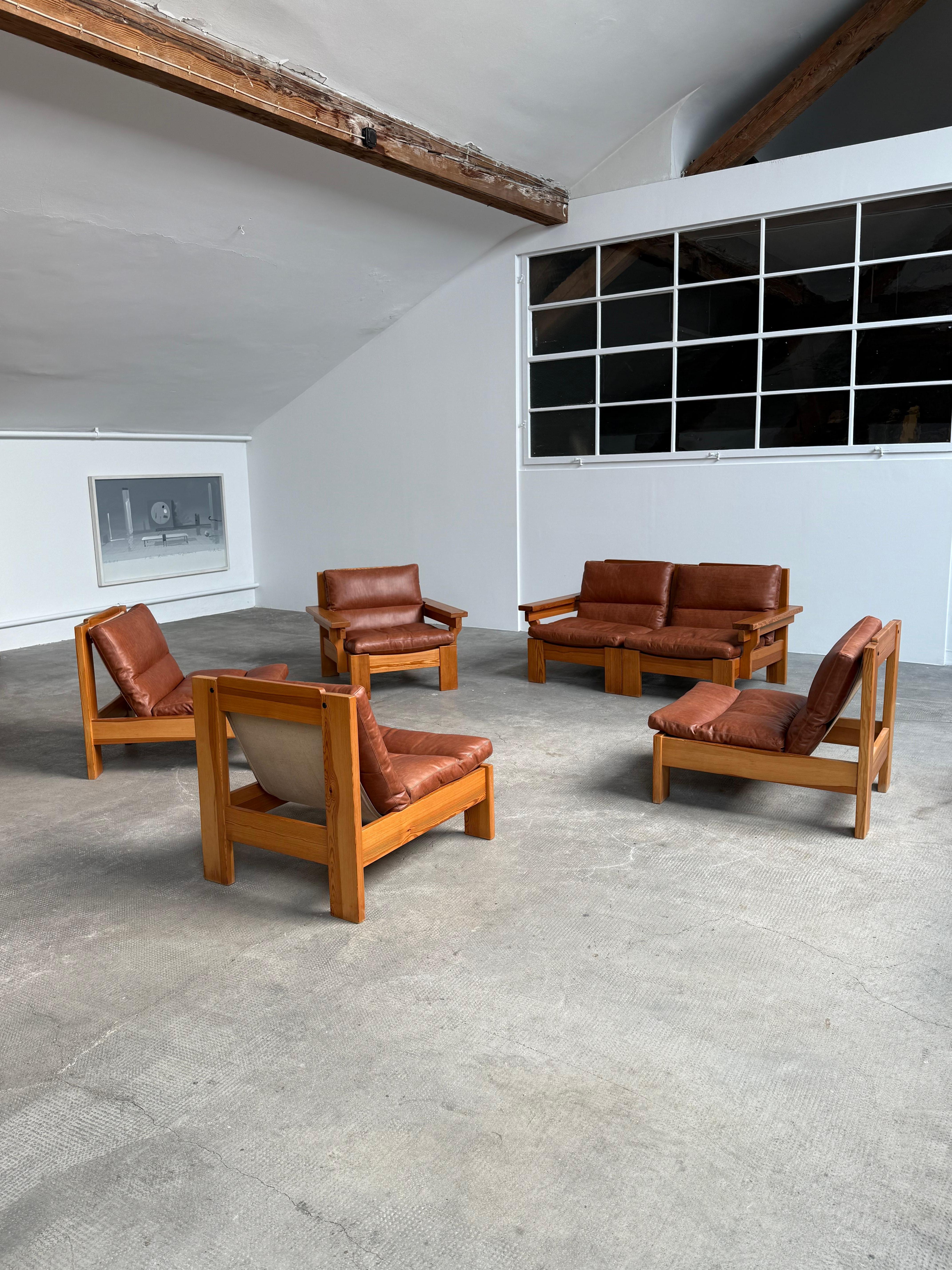 Ensemble Sitzgruppe siège modulaire Kiefernholz Leder Leinen, Schweden 1970 en vente 9